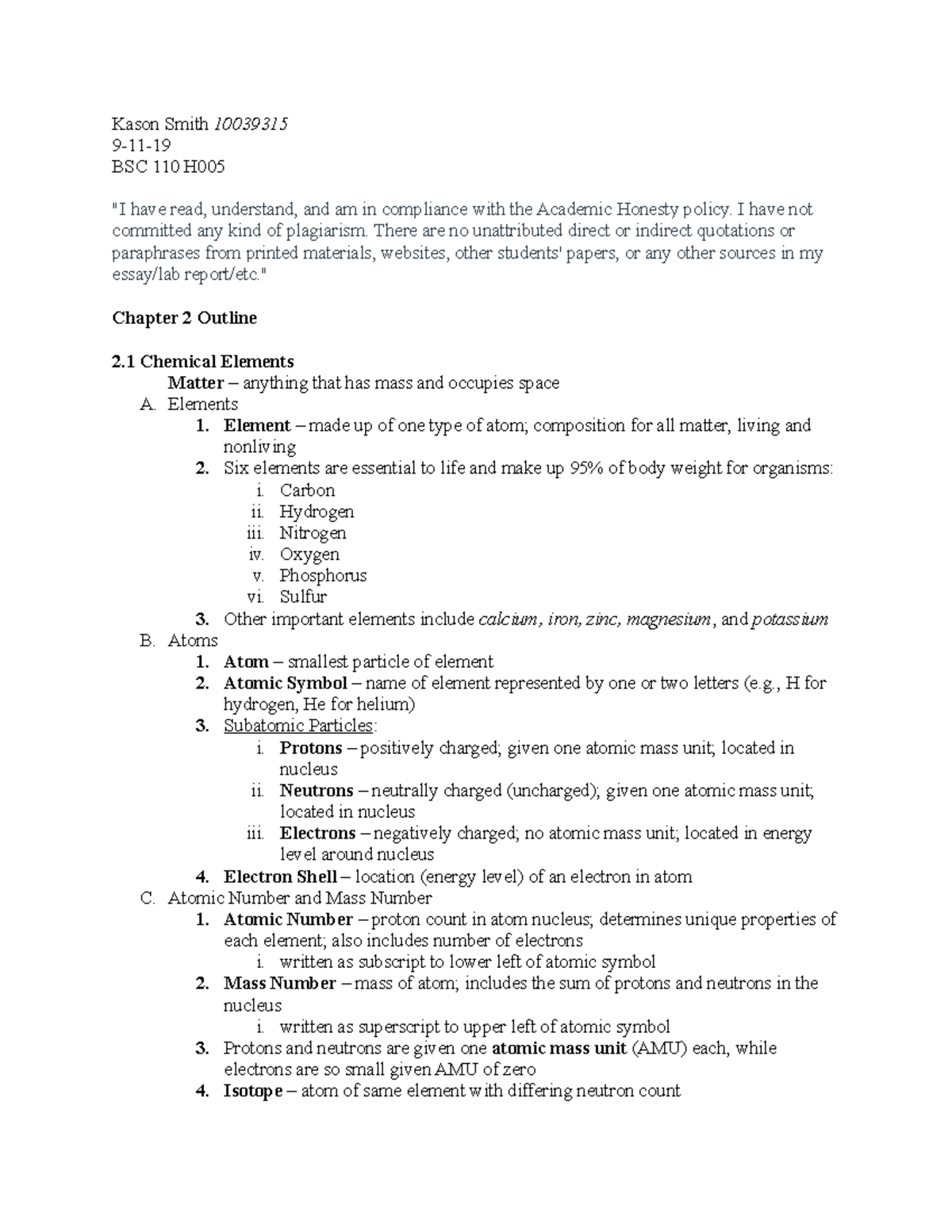 Ch 2 Outline - Lecture notes 2 - Kason Smith 10039315 9-11- BSC 110 H ...