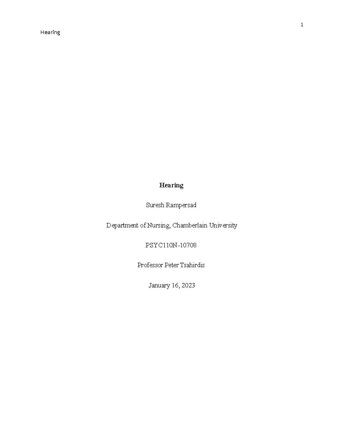 Hearing - Hearing Suresh Rampersad Department of Nursing, Chamberlain ...