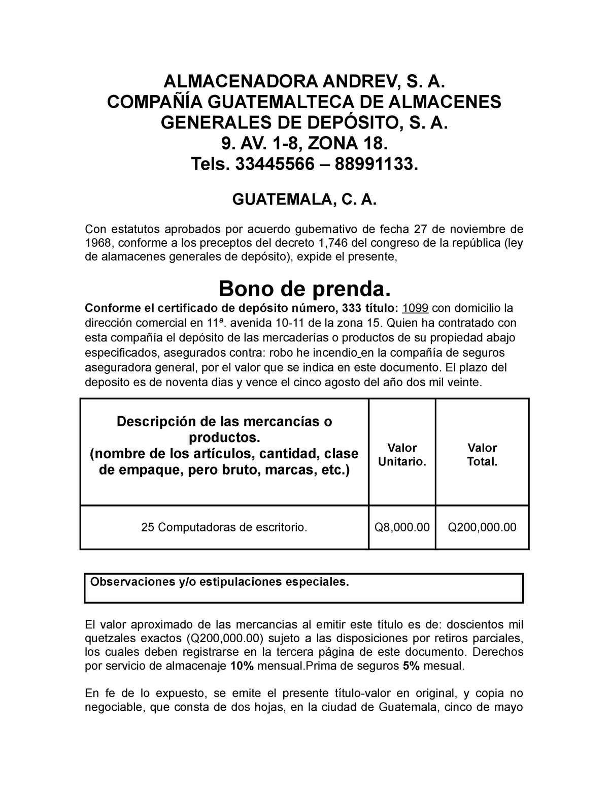 Modelo Certificado De Deposito Y Bono De Prenda Guate 5107