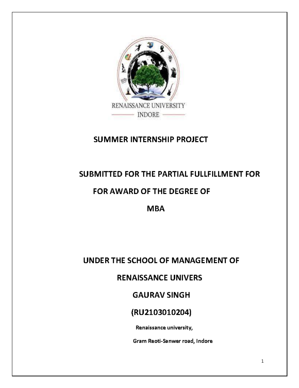 Summer Internship Project - SUMMER INTERNSHIP PROJECT SUBMITTED FOR THE ...