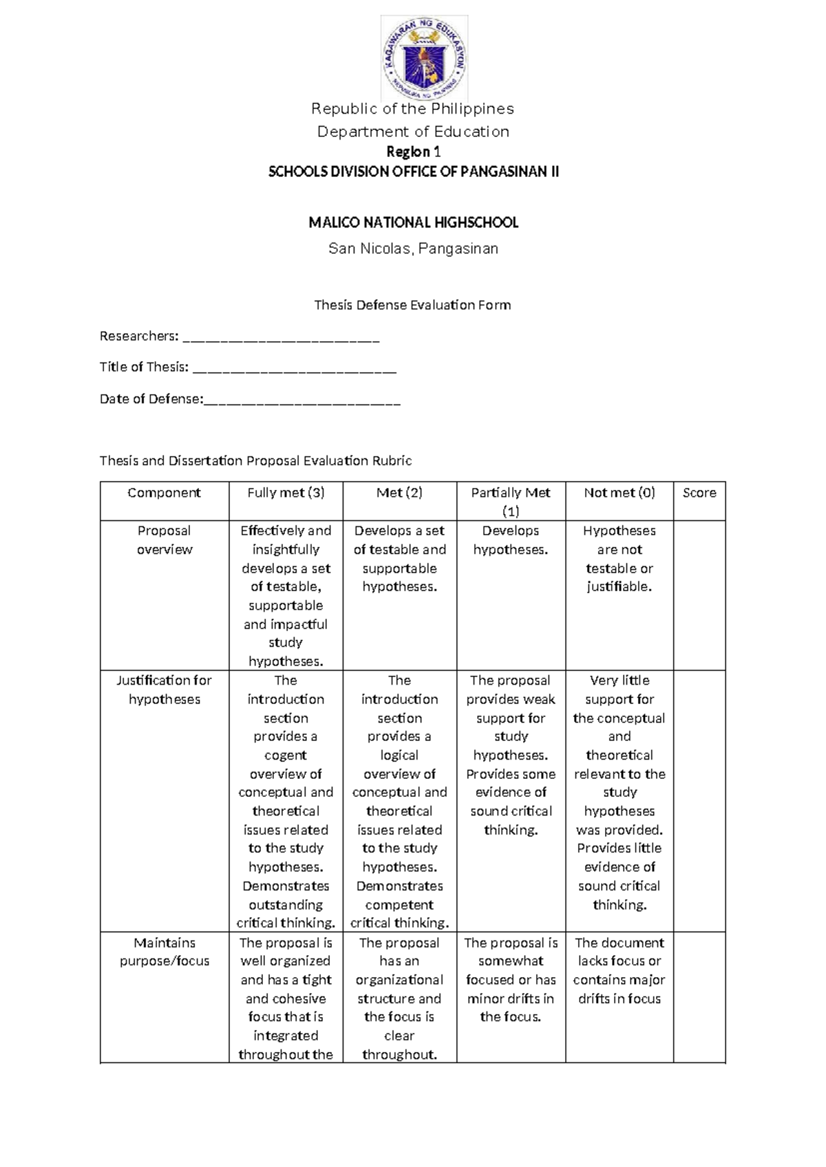 dissertation evaluation rubric