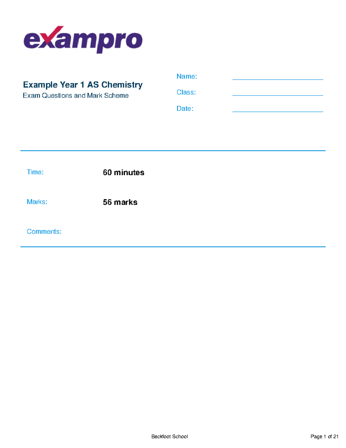 Example exam Qs AS Chem Open Evening - Example Year 1 AS Chemistry Exam ...