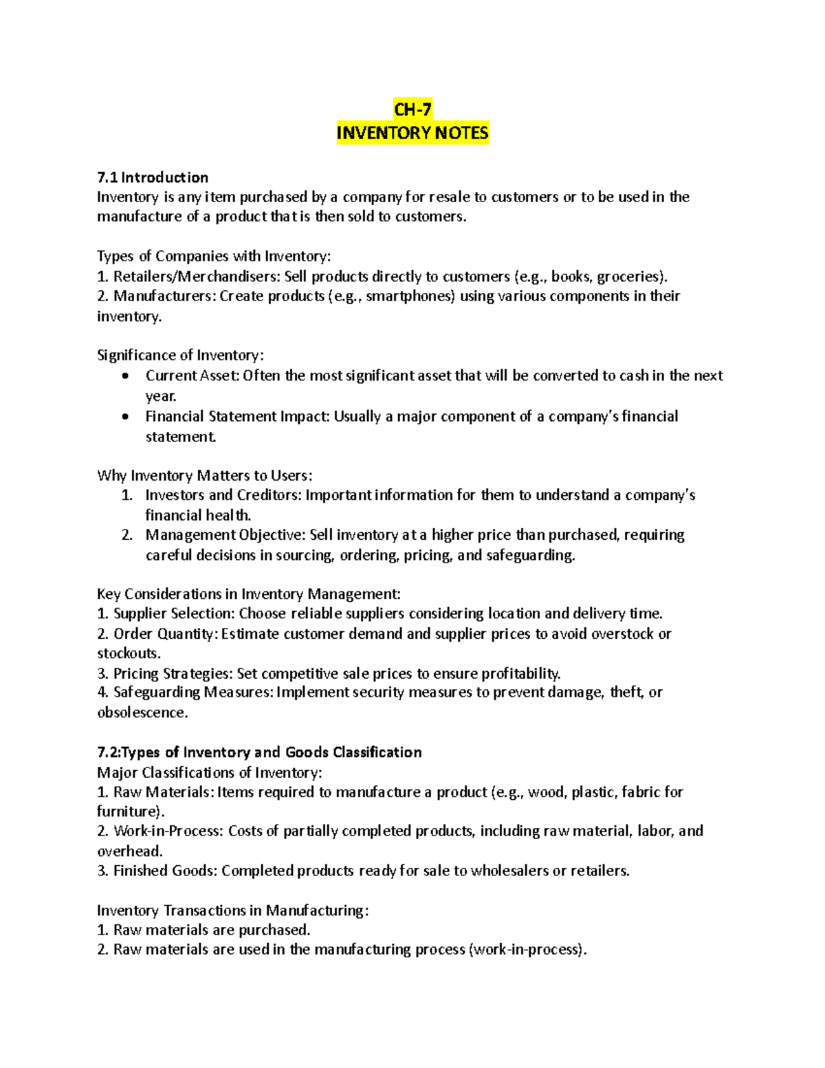 CH 7 - ch 7 inventory notes - CH- 7 INVENTORY NOTES 7 Introduction ...