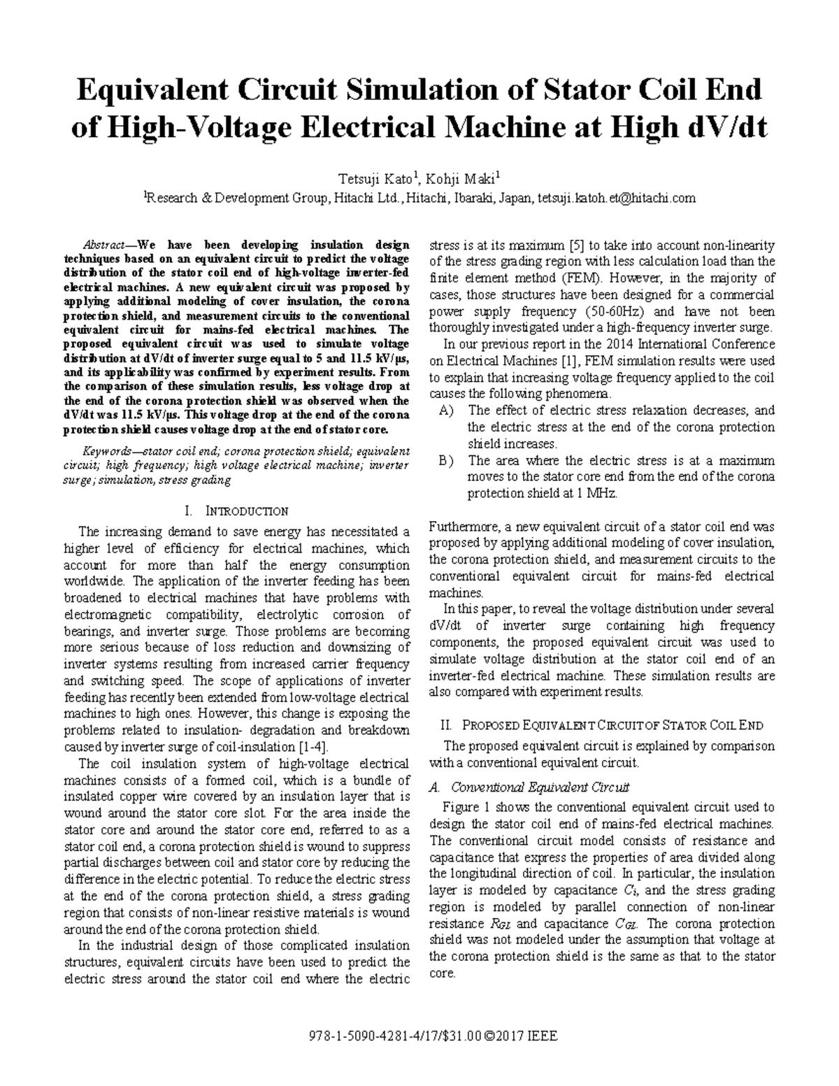 Equivalent Circuit Simulation of Stator Coil End of HighVoltage