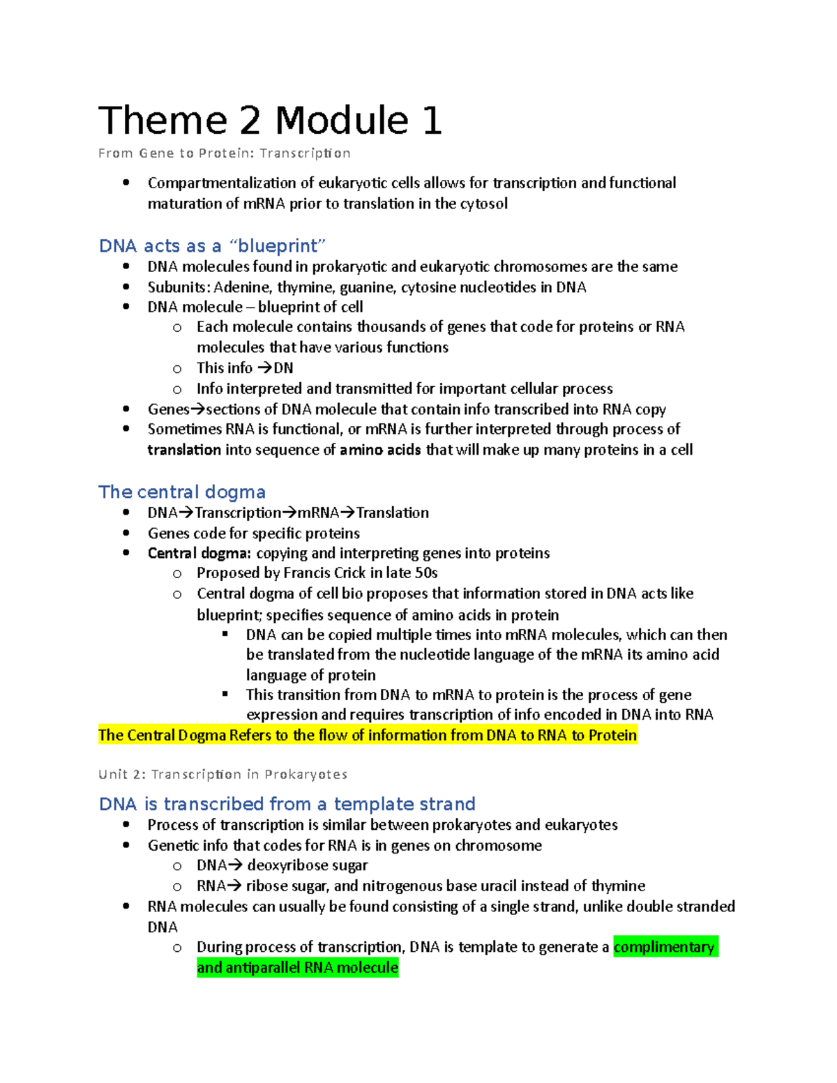 Theme 2 Module 1 Notes - Theme 2 Module 1 From Gene to Protein ...