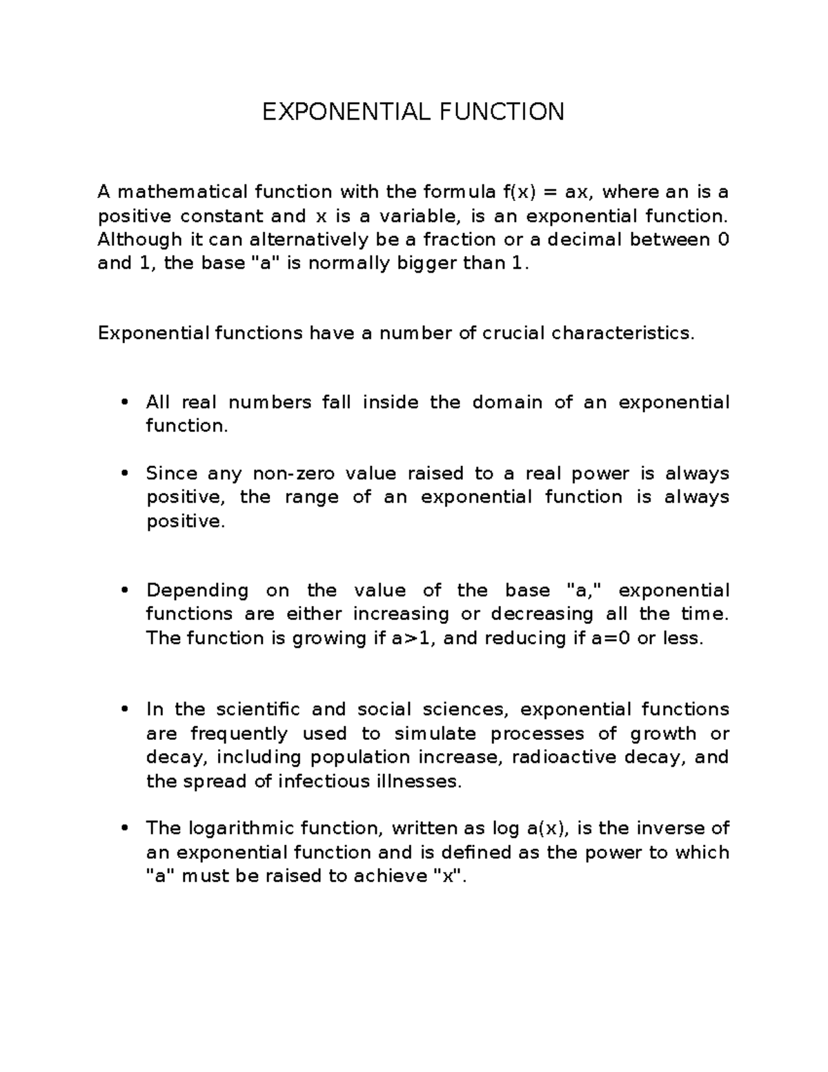 Exponential Function - NOTES - EXPONENTIAL FUNCTION A mathematical ...