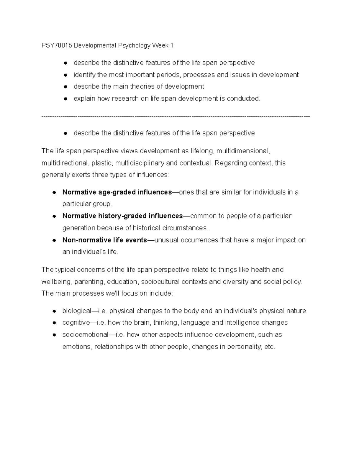 Dev Psych Week 1 - Lecture notes 1 - PSY70015 Developmental Psychology ...
