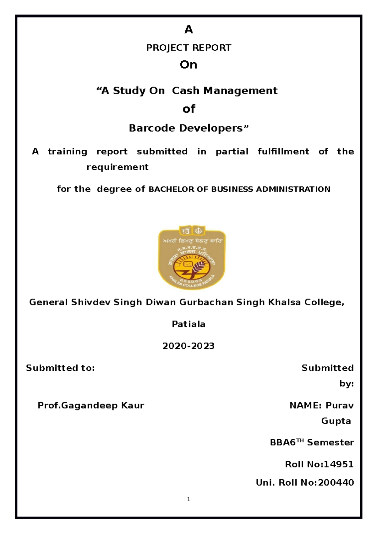 BD Cash management - A PROJECT REPORT On “A Study On Cash Management of ...