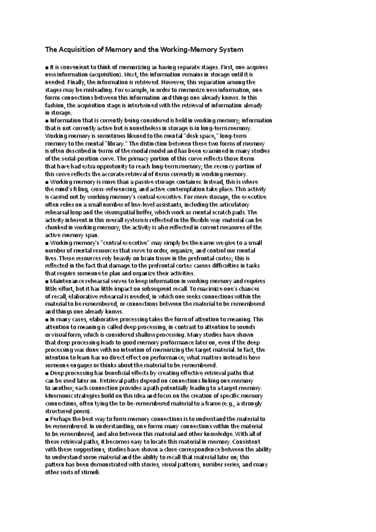 The Acquisition of Memory and the Working - First, one acquires new ...