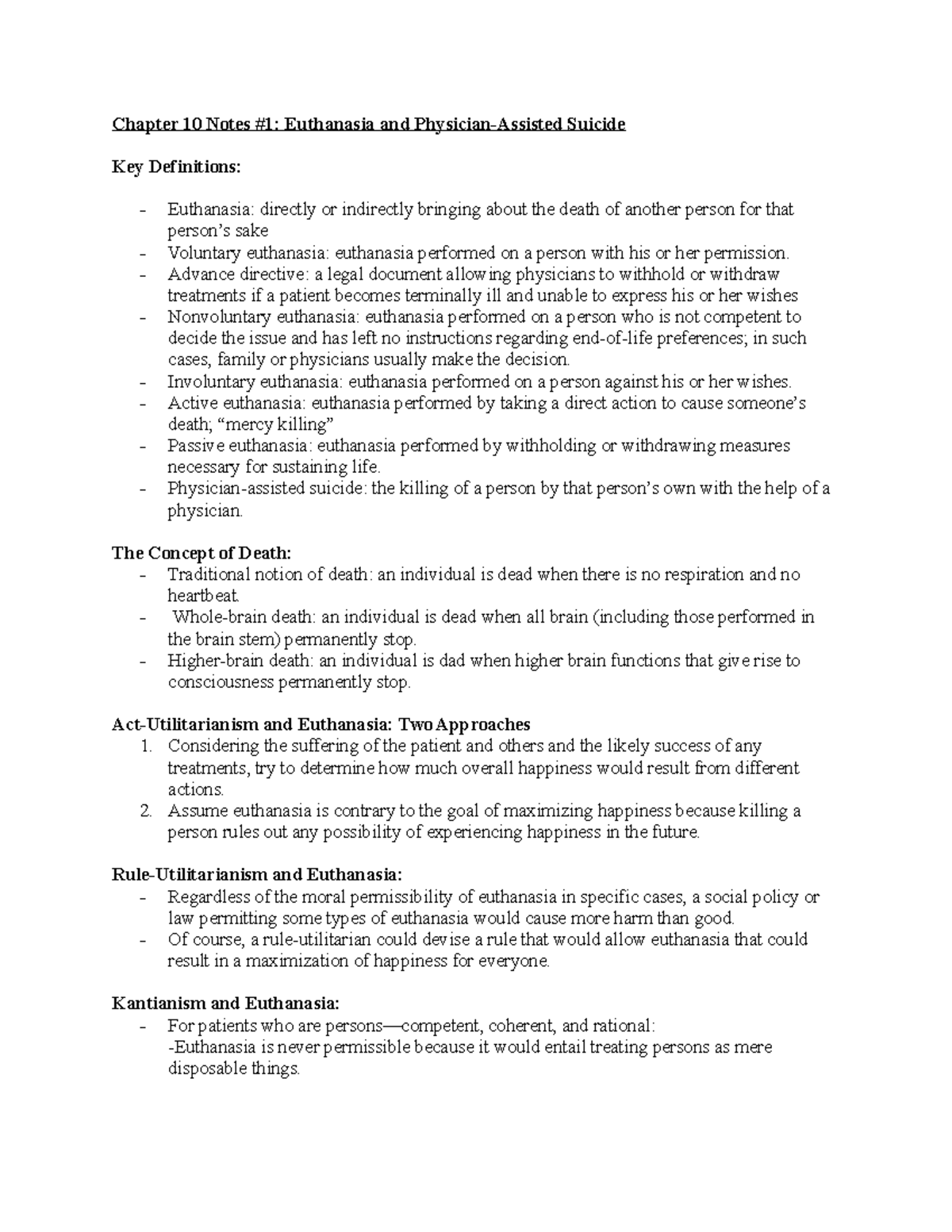 Chapter 10 Notes #1 - Chapter 10 Notes #1: Euthanasia and Physician ...