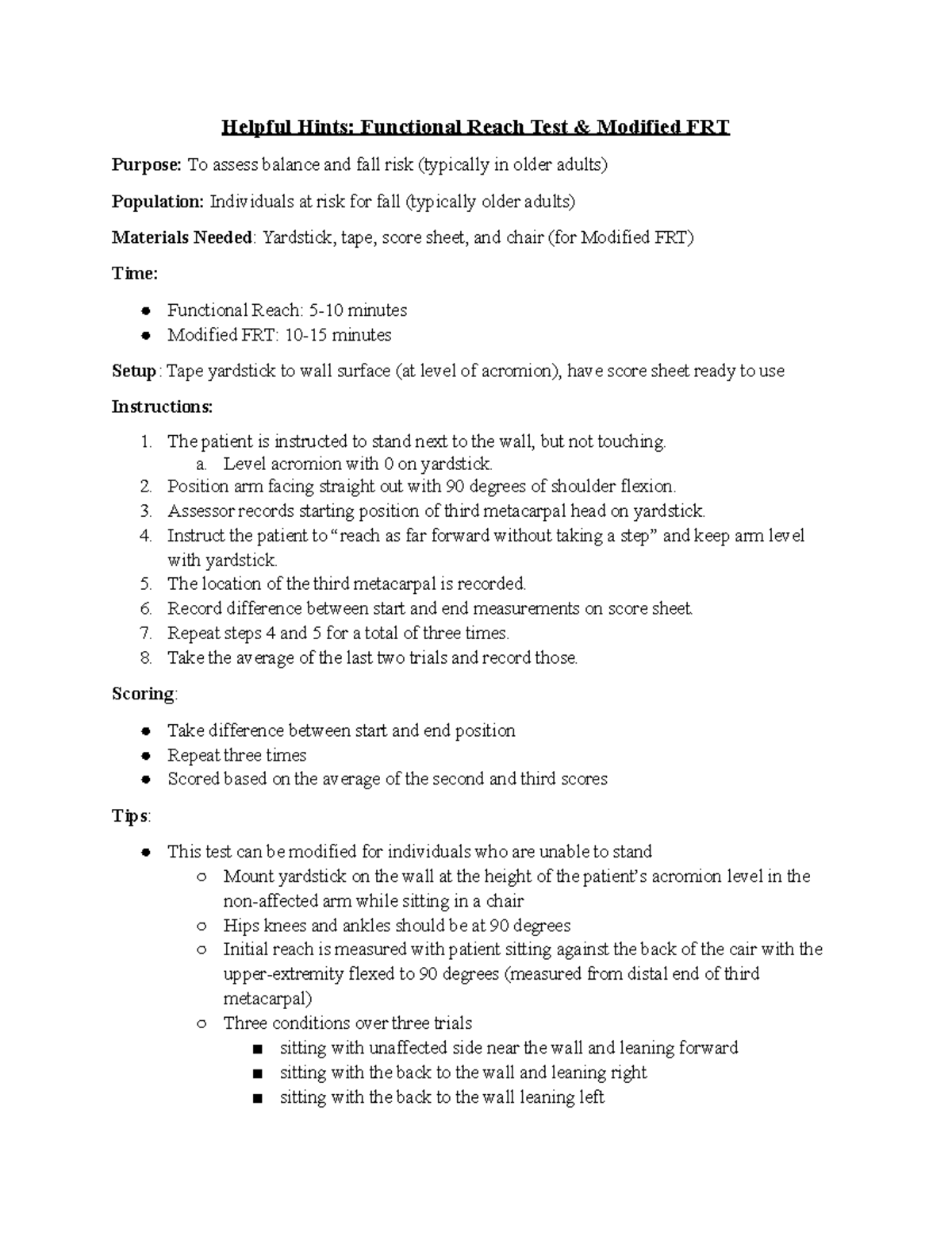 Helpful Hints Functional Reach a. Level acromion with 0 on yardstick