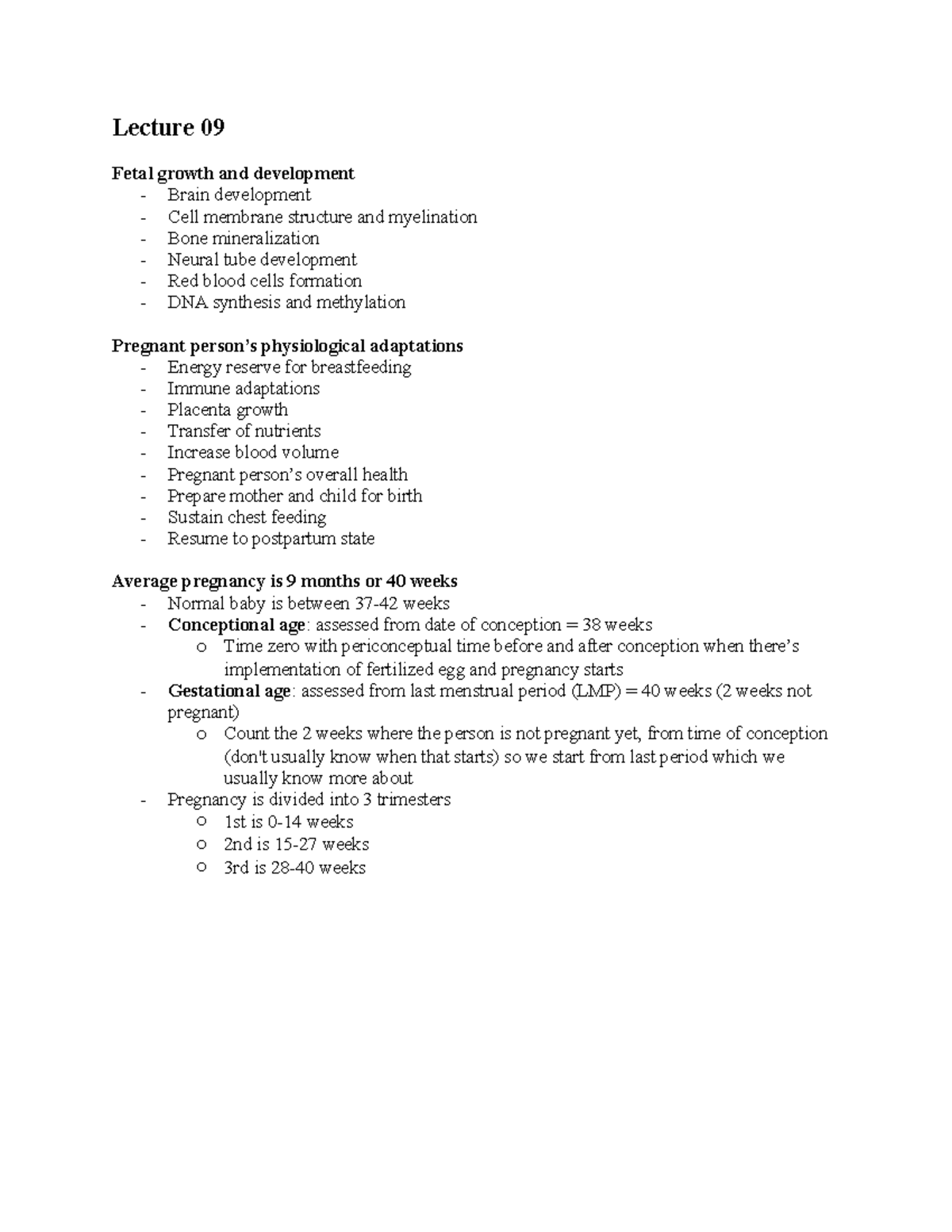Lecture Nine Completed Notes - Lecture 09 Fetal growth and development ...