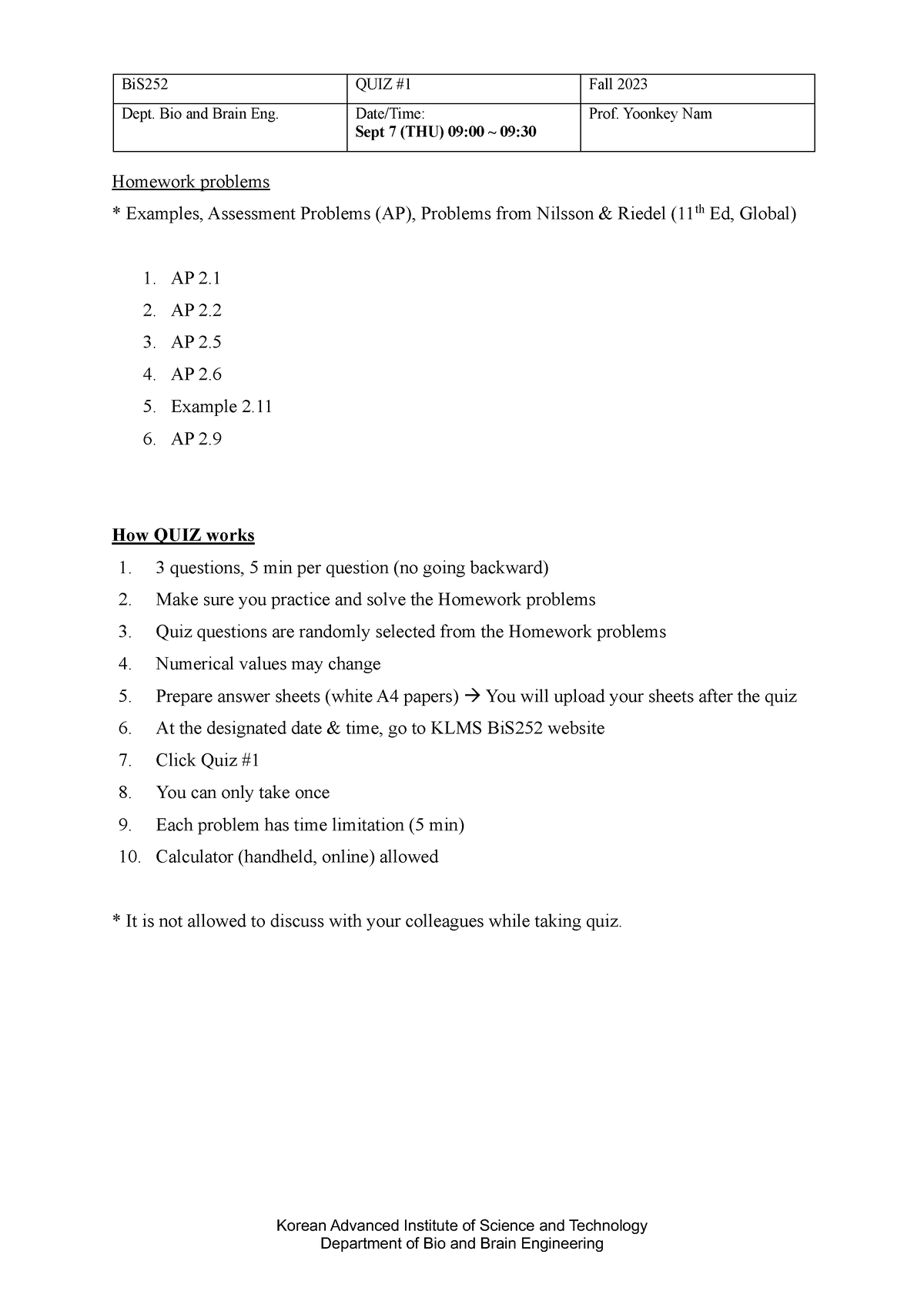 2023 Quiz1 - BiS252 QUIZ #1 Fall 2023 Dept. Bio And Brain Eng. Date ...