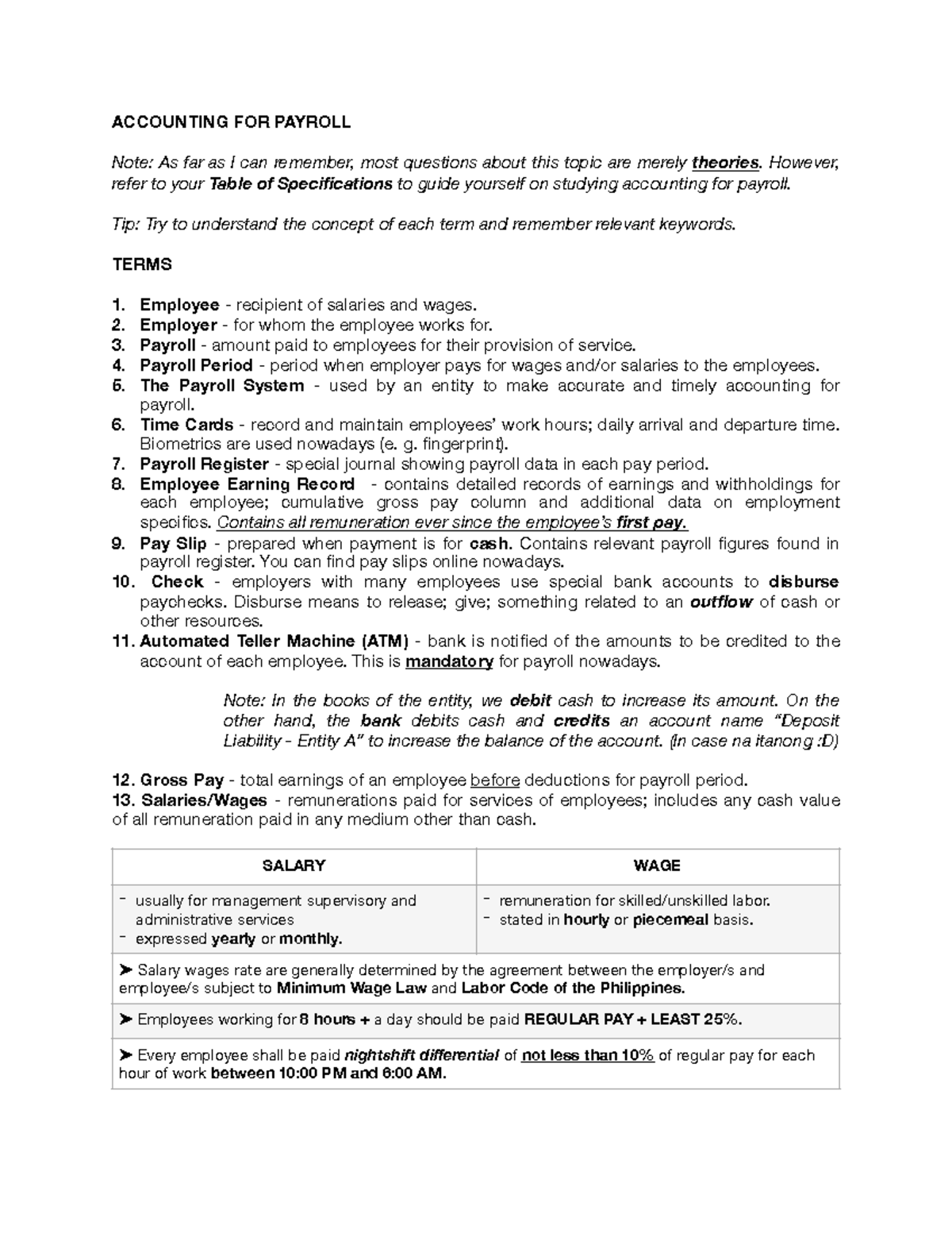 Accounting FOR Payroll Temrinologies - ACCOUNTING FOR PAYROLL Note: As ...