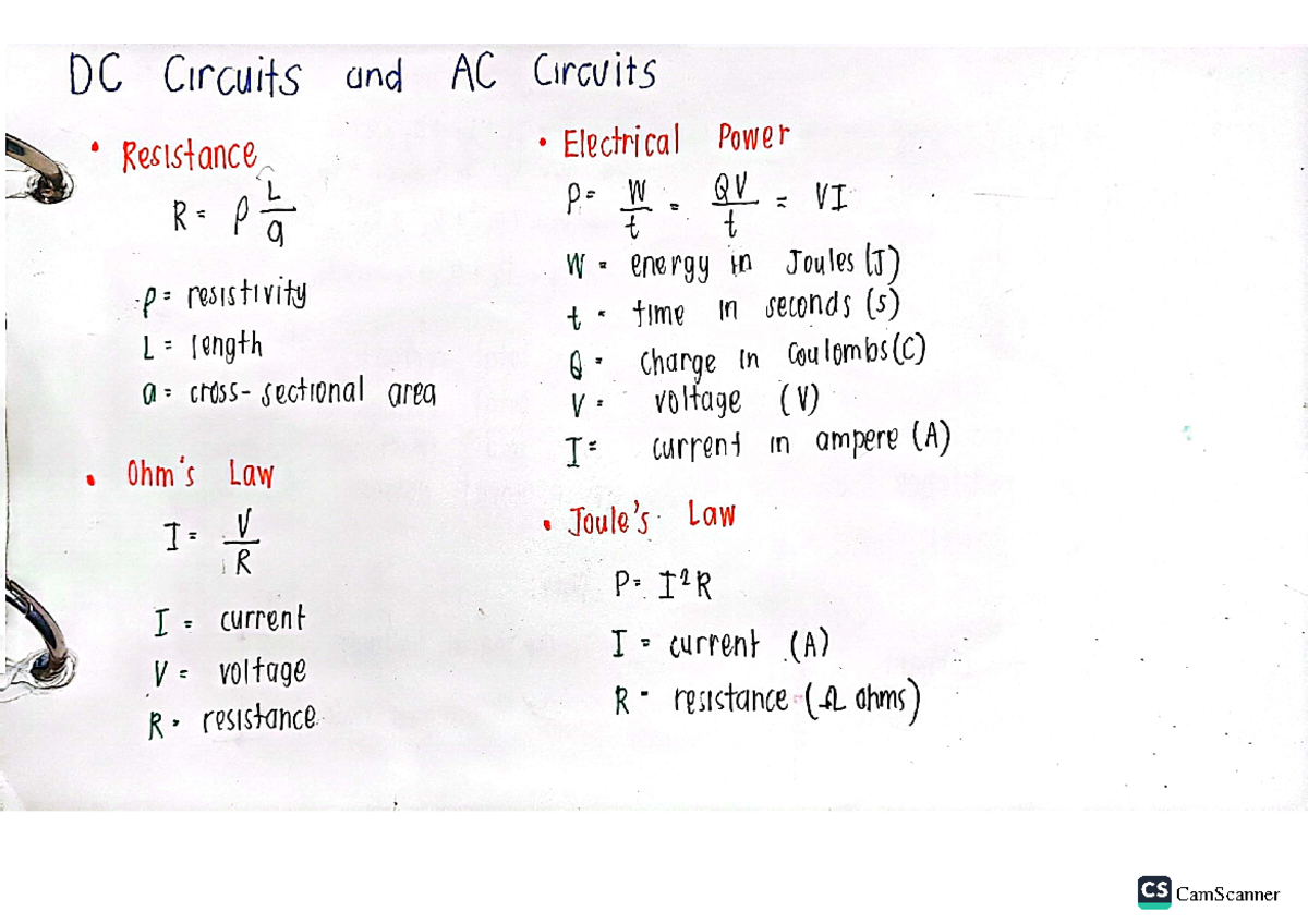 Electronics - Formula - DC Circuits and AC Circuits Resistance ...
