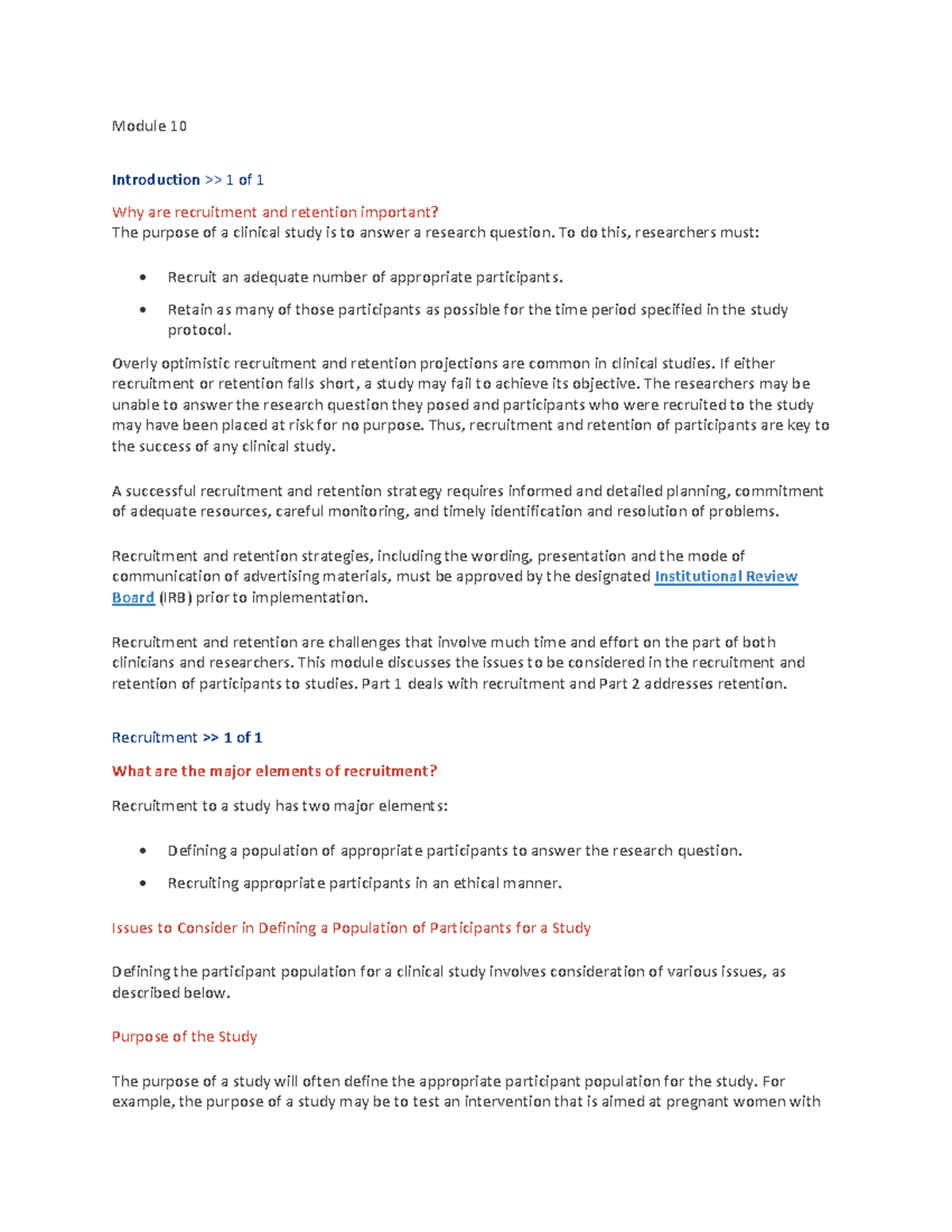 Recruitment AND Retention Good Clinical Practice Module 10 - Module 10 ...