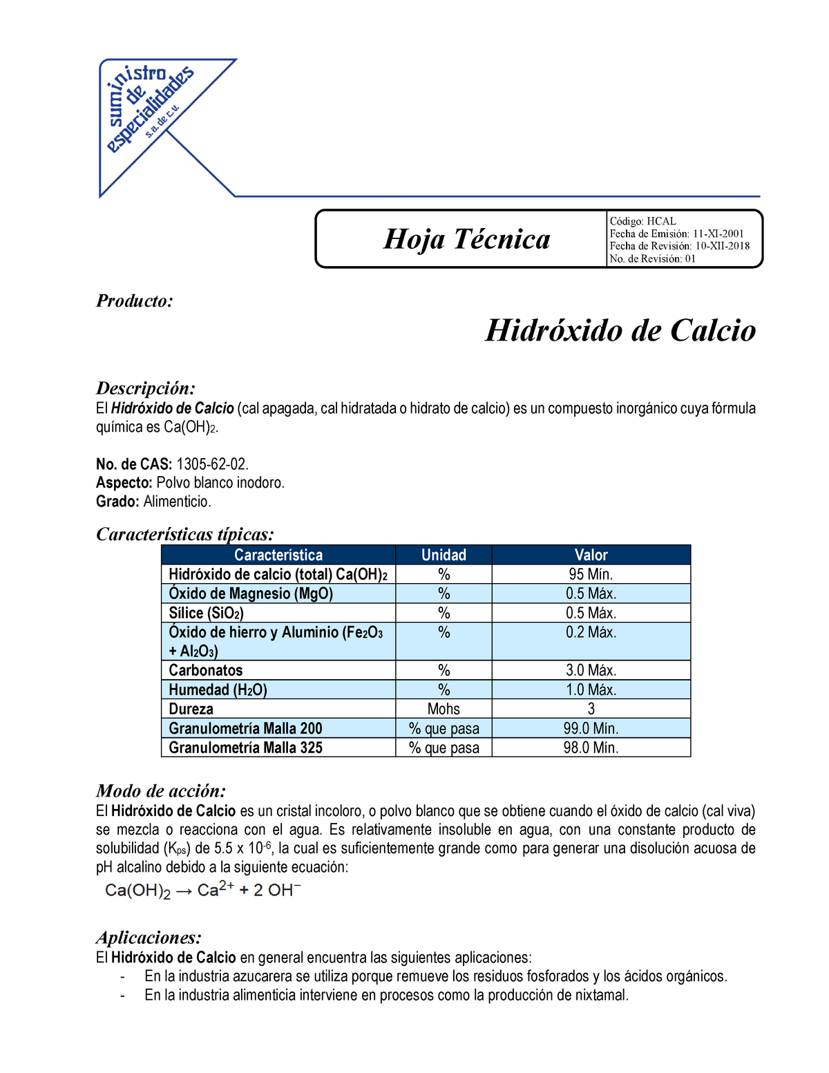Método de producción de hidróxido de calcio y su aplicación en el