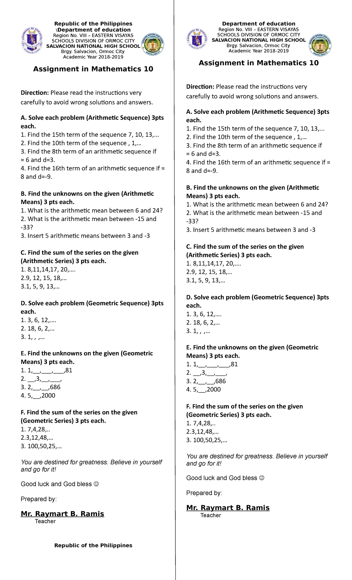 Quiz - Math Quiz - Republic of the Philippines \Department of education ...