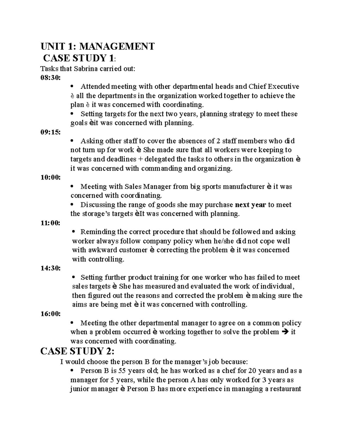 UNIT 1 - case study - UNIT 1: MANAGEMENT CASE STUDY 1: Tasks that ...