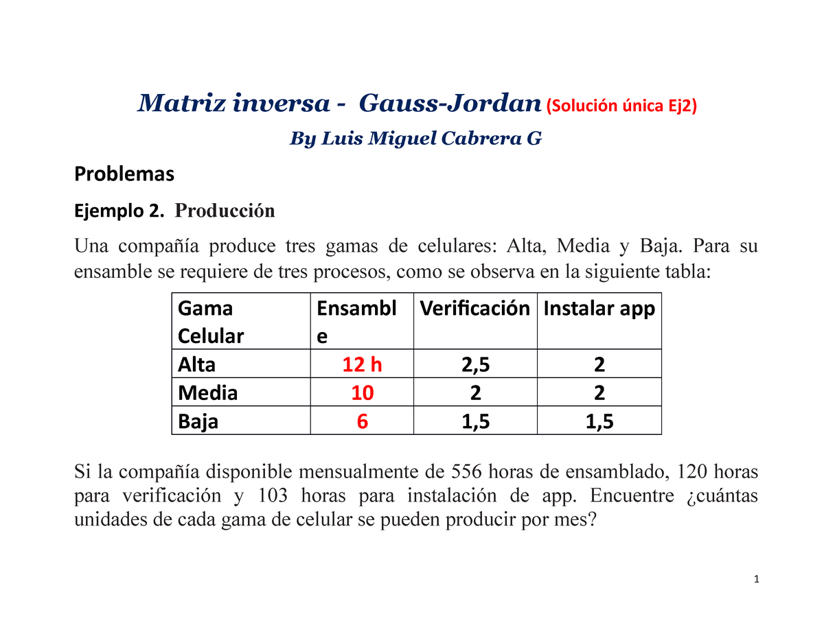 Matriz Inversa Gauss Jordan Solución única Ej Resuelto Ej Matriz inversa Gauss Jordan