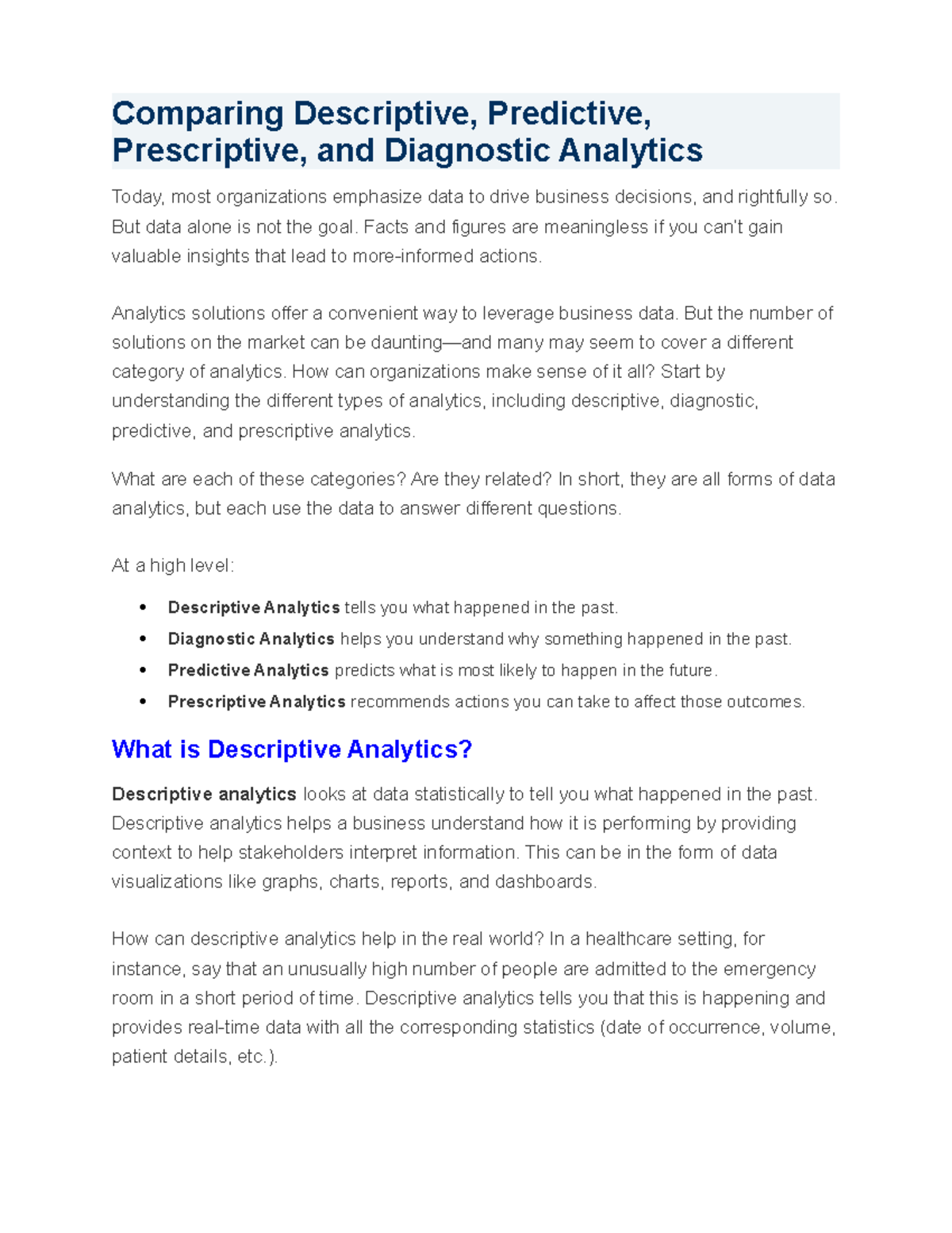 DA Notes 1 - Comparing Descriptive, Predictive, Prescriptive, and ...