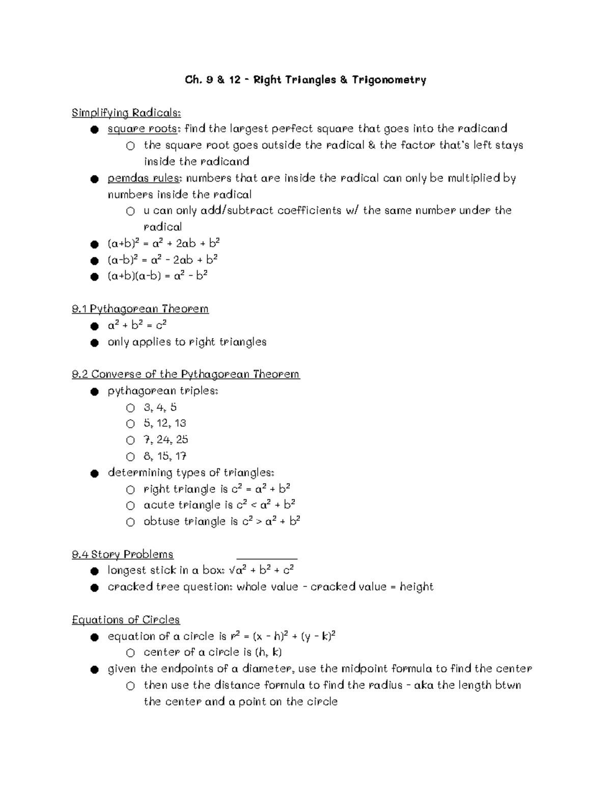 Geometry Finals Study Guide - Ch. 9 & 12 - Right Triangles ...