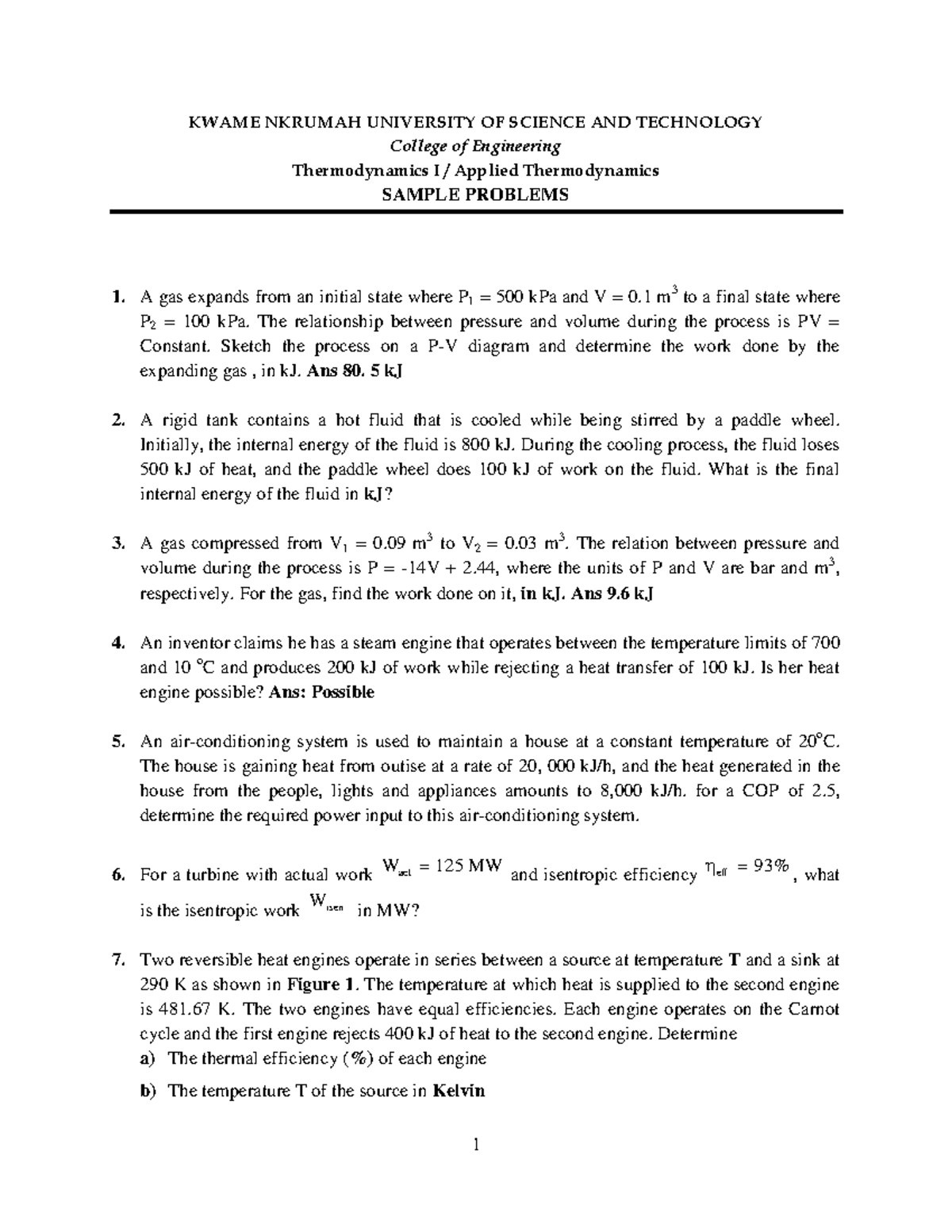 Thermo I set of questions - KWAME NKRUMAH UNIVERSITY OF SCIENCE AND ...