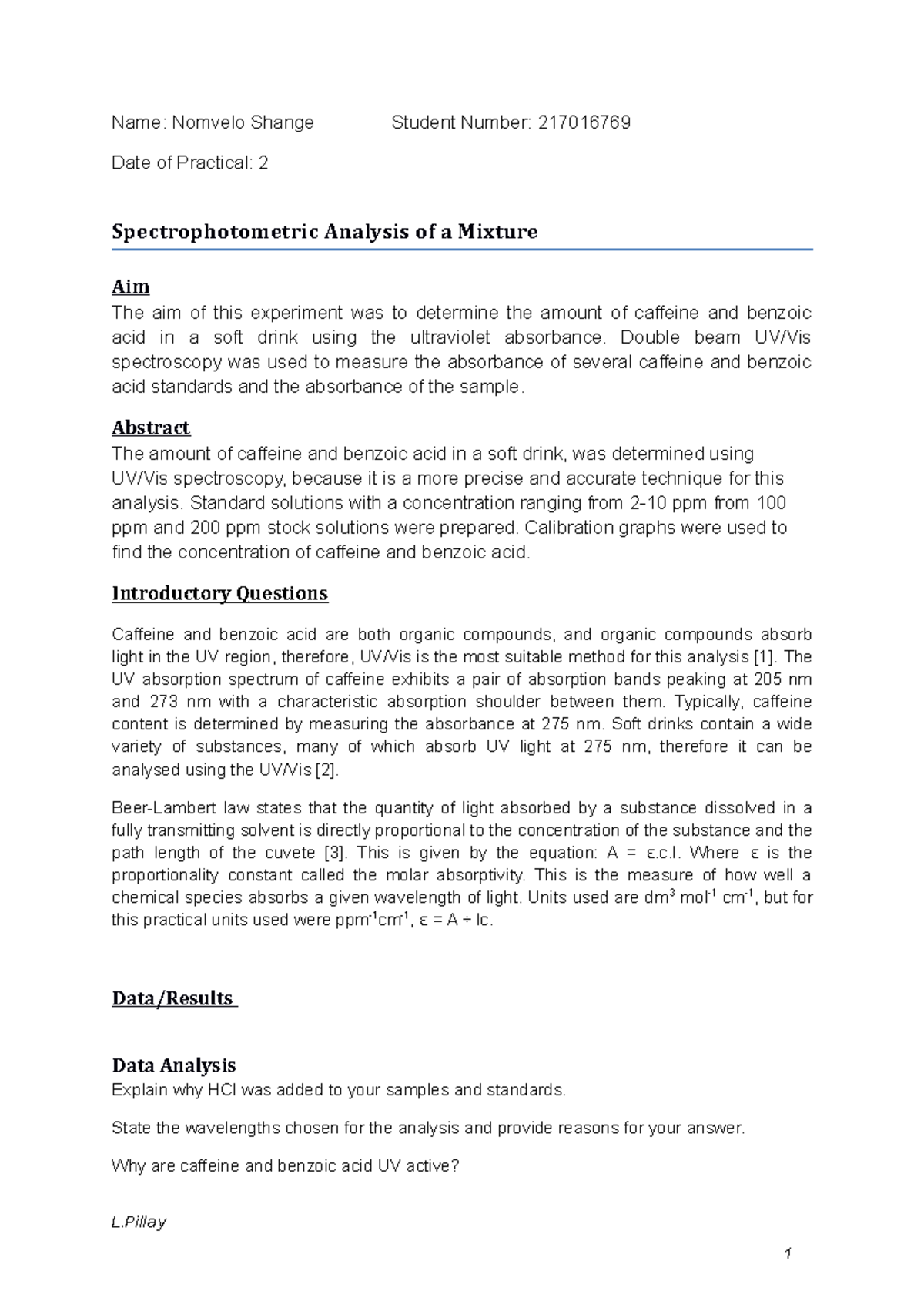 Practical 2 Lab report on Spectrophotometric analysis of mixture Name Nomvelo Shange