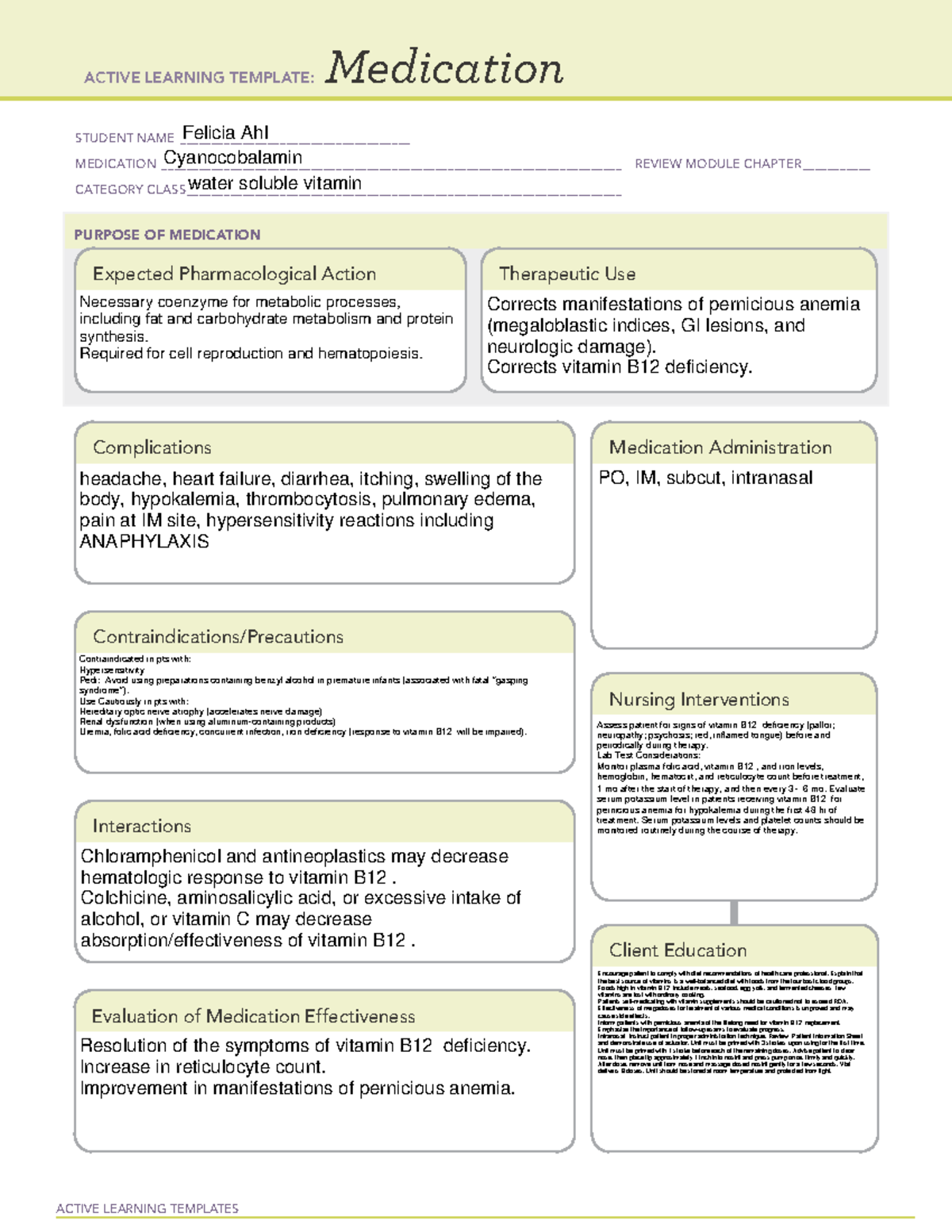 Cyanocobalamin drug cards ACTIVE LEARNING TEMPLATES Medication