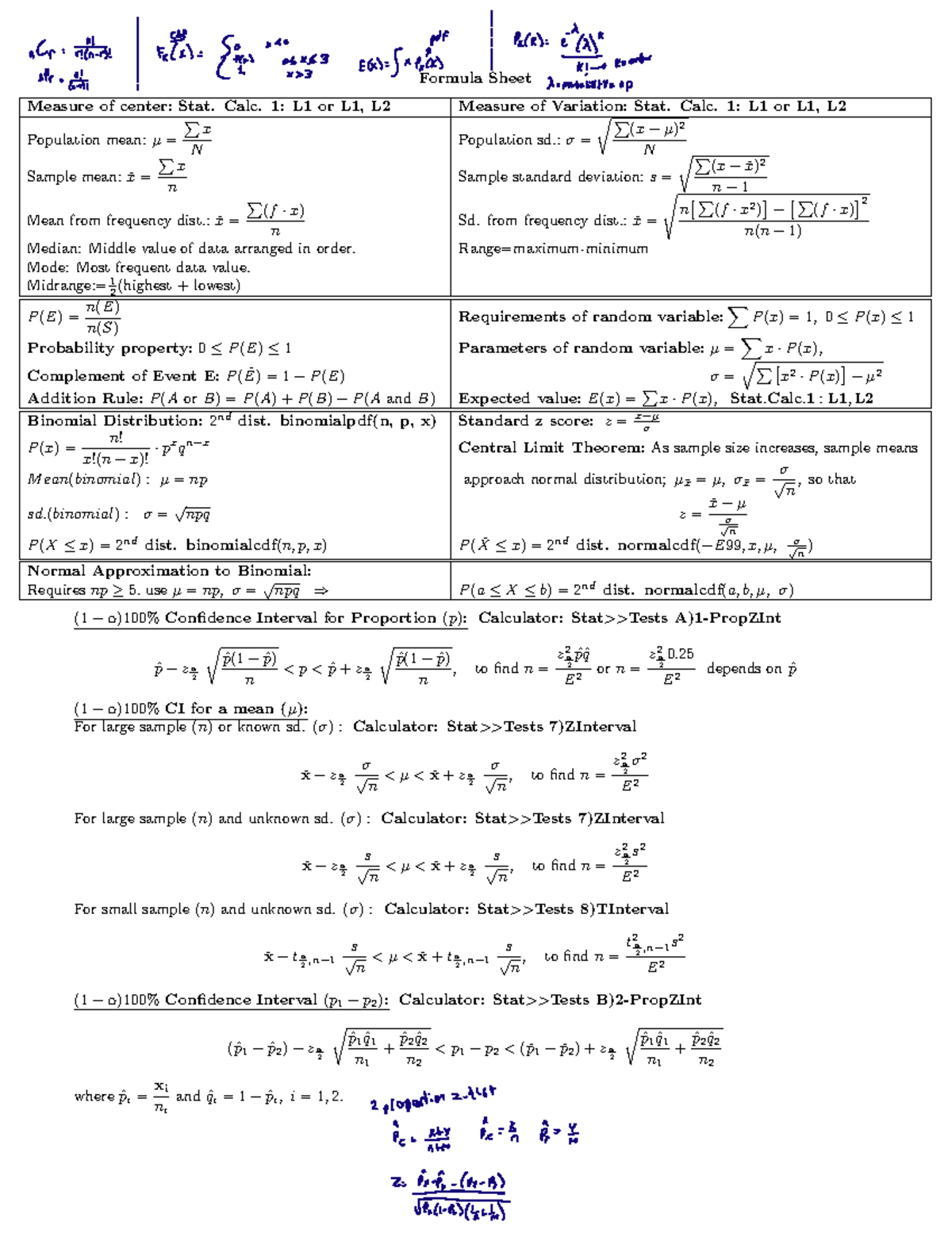 Formula Sheet - Formula Sheet Measure of center: Stat. Calc. 1: L1 or ...