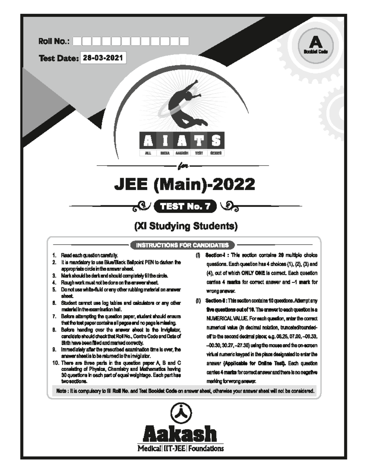 Aiats FS Test-7 JEE(M)2022 (Code-A) 28-03-2021 Curve - Maths - Studocu