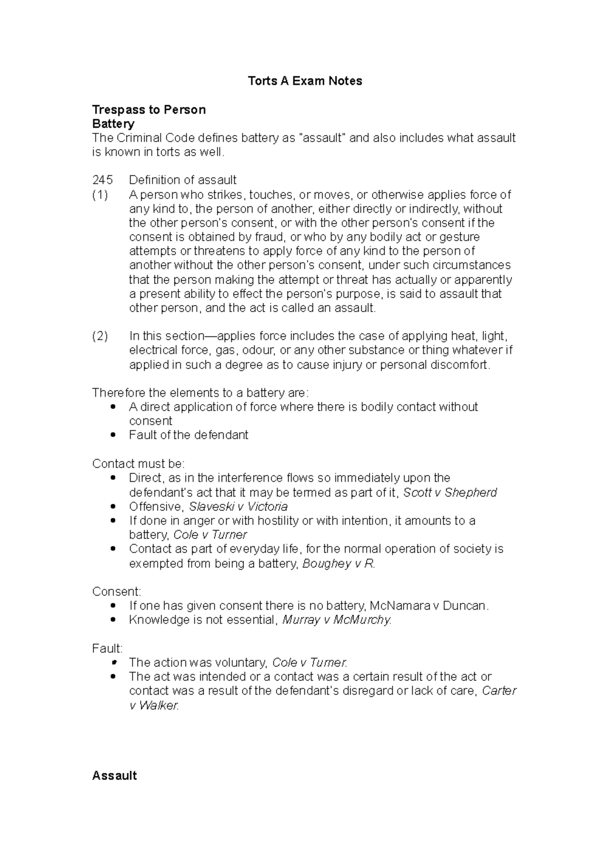 Torts A Exam Notes - Torts A Exam Notes Trespass to Person Battery The ...