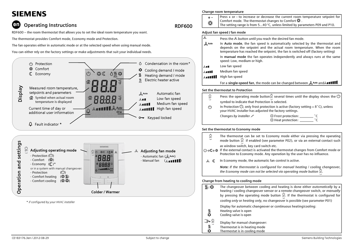 Siemens rdf600 users manual 410628 - CE1B3176 / 2012-08-29 Subject to ...