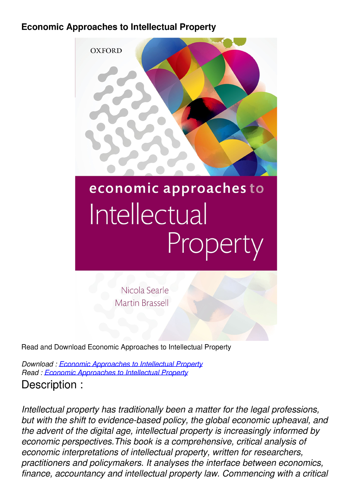 Pdf Economic Approaches To Intellectual Property DOWNLOAD - Economic ...