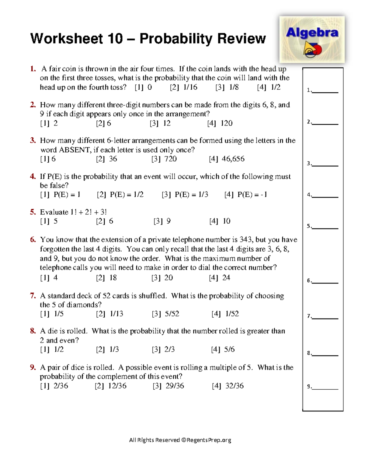 Worksheet 10 - Probability Review - All Rights Reserved ©RegentsPrep ad ...