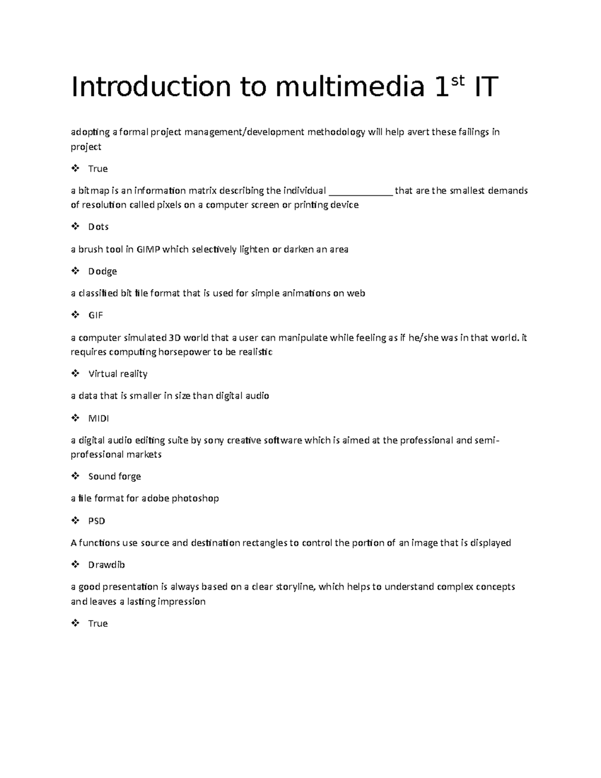 Introduction to multimedia 1st IT answer key not all answer just some ...