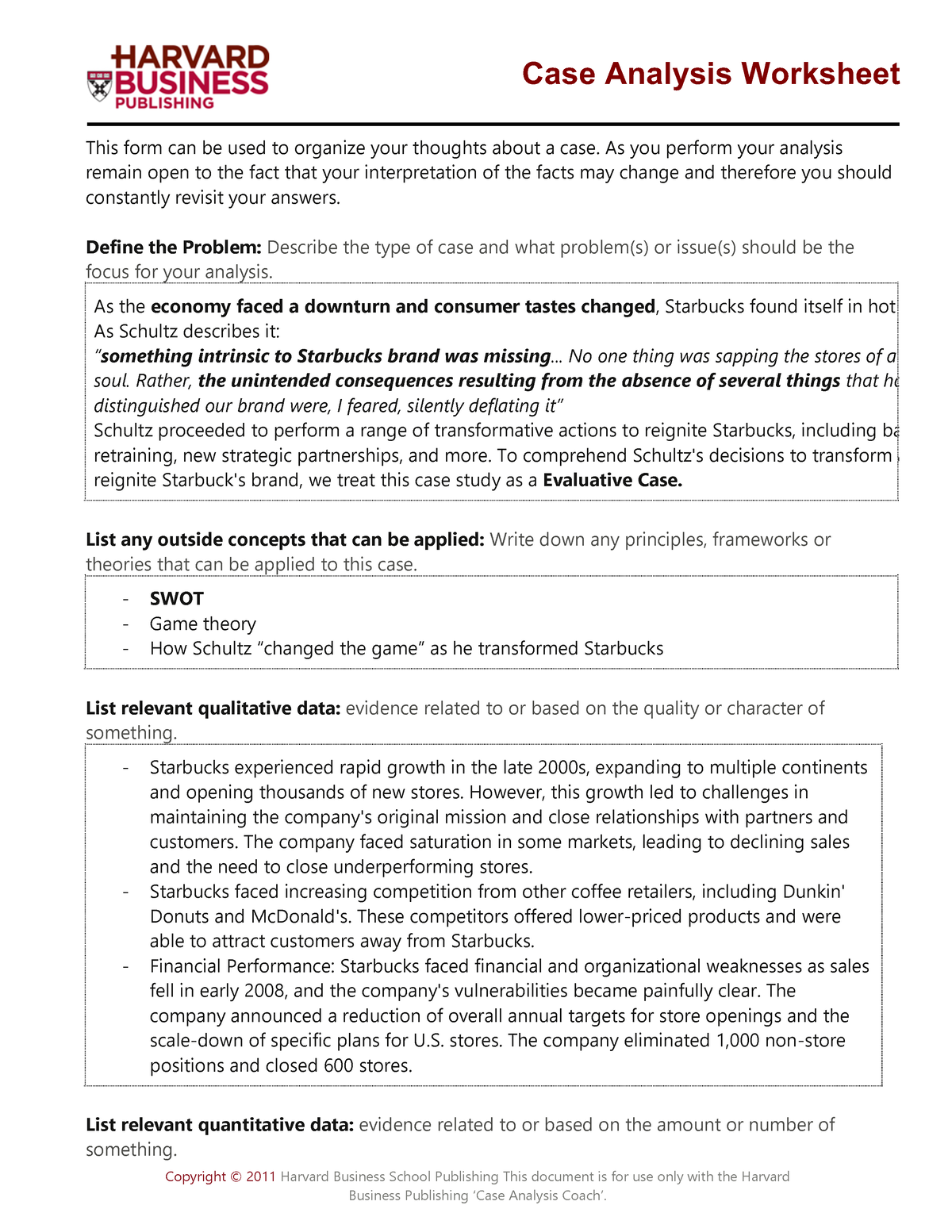 Starbucks Case Analysis Worksheet Copyright © 2011 Harvard Business School Publishing This