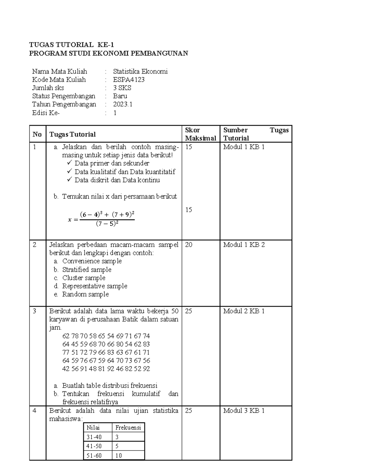 Tugas 1 Statistika Ekonomi - TUGAS TUTORIAL KE- 1 PROGRAM STUDI EKONOMI ...