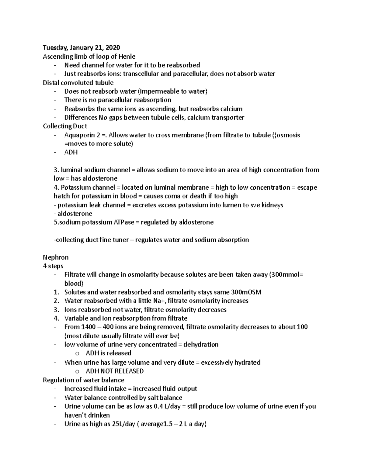 Physiology 2130 Lecture Notes - Tuesday, January 21, 2020 Ascending ...