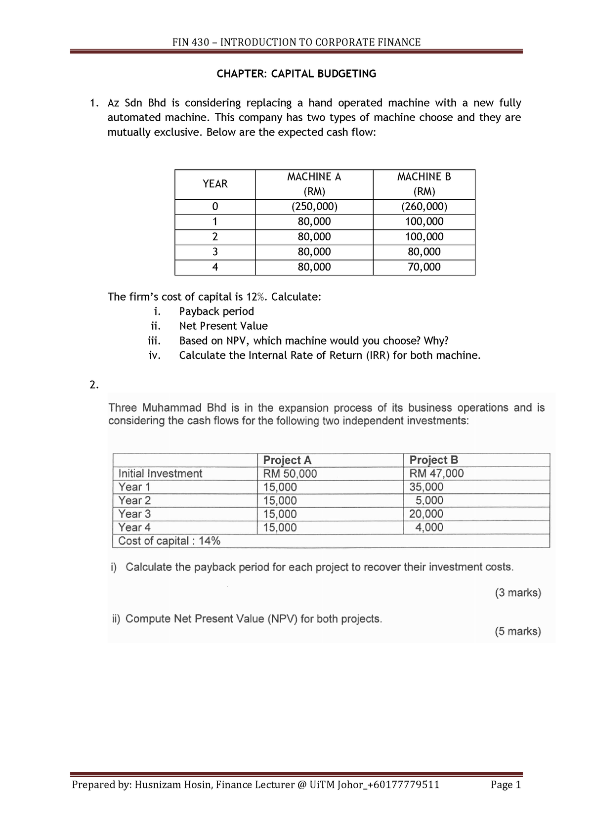 Capital Budgeting Tutorial - CHAPTER: CAPITAL BUDGETING Az Sdn Bhd Is ...