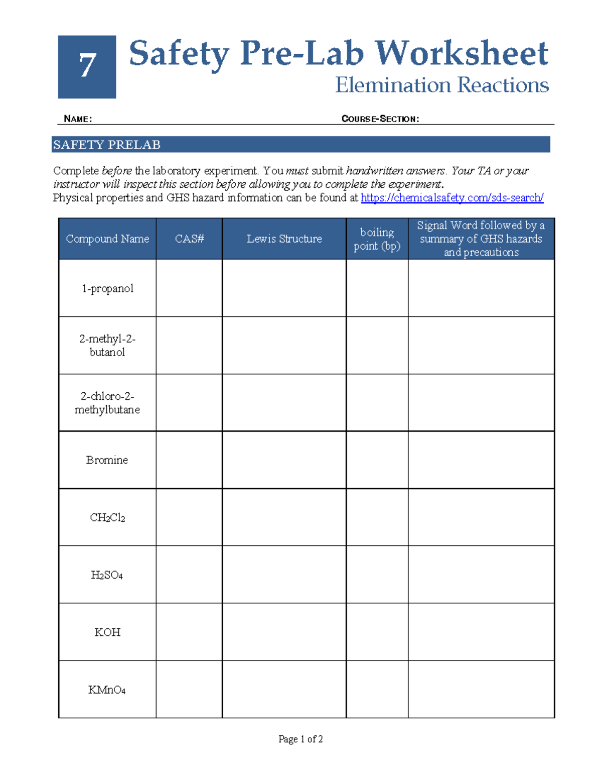 Lab 7 Safety Sheet - Page 1 of 2 7 Safety Pre-Lab Worksheet Elemination ...