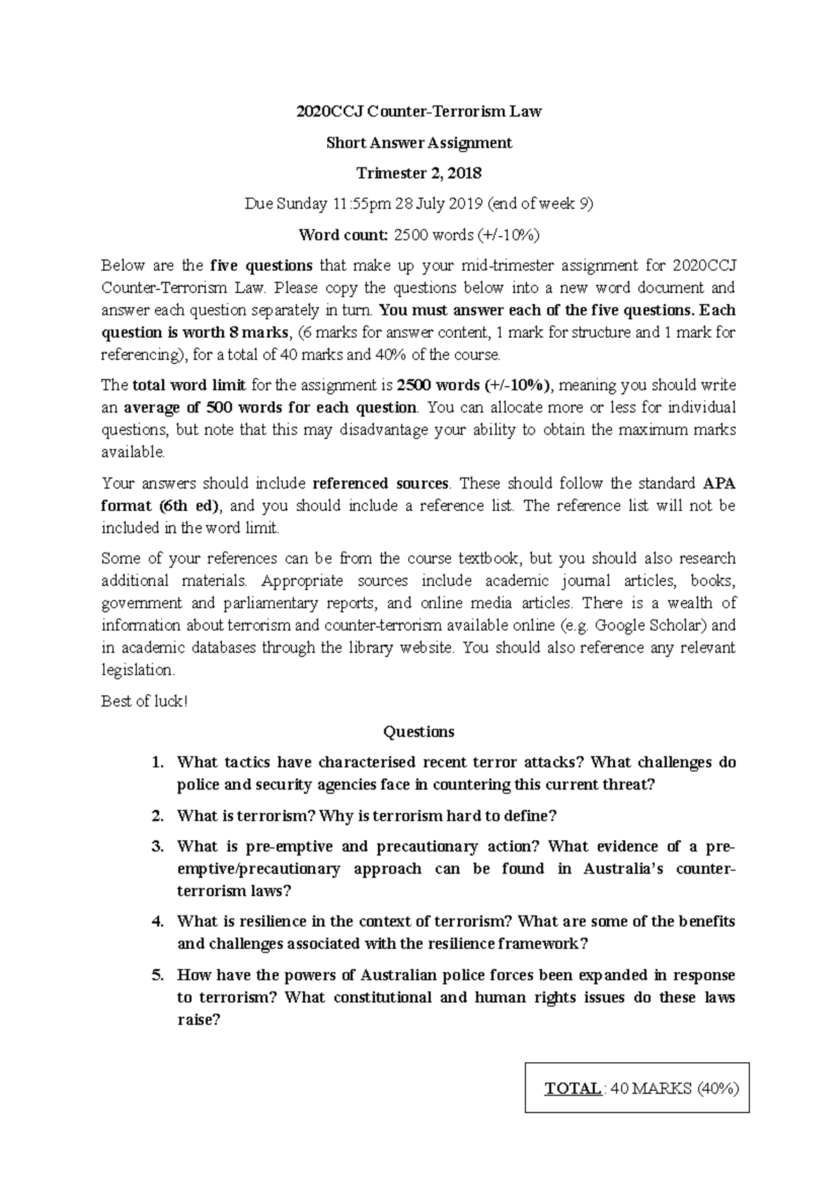 Short Answer Assignment 2019 2020CCJ CounterTerrorism Law Short