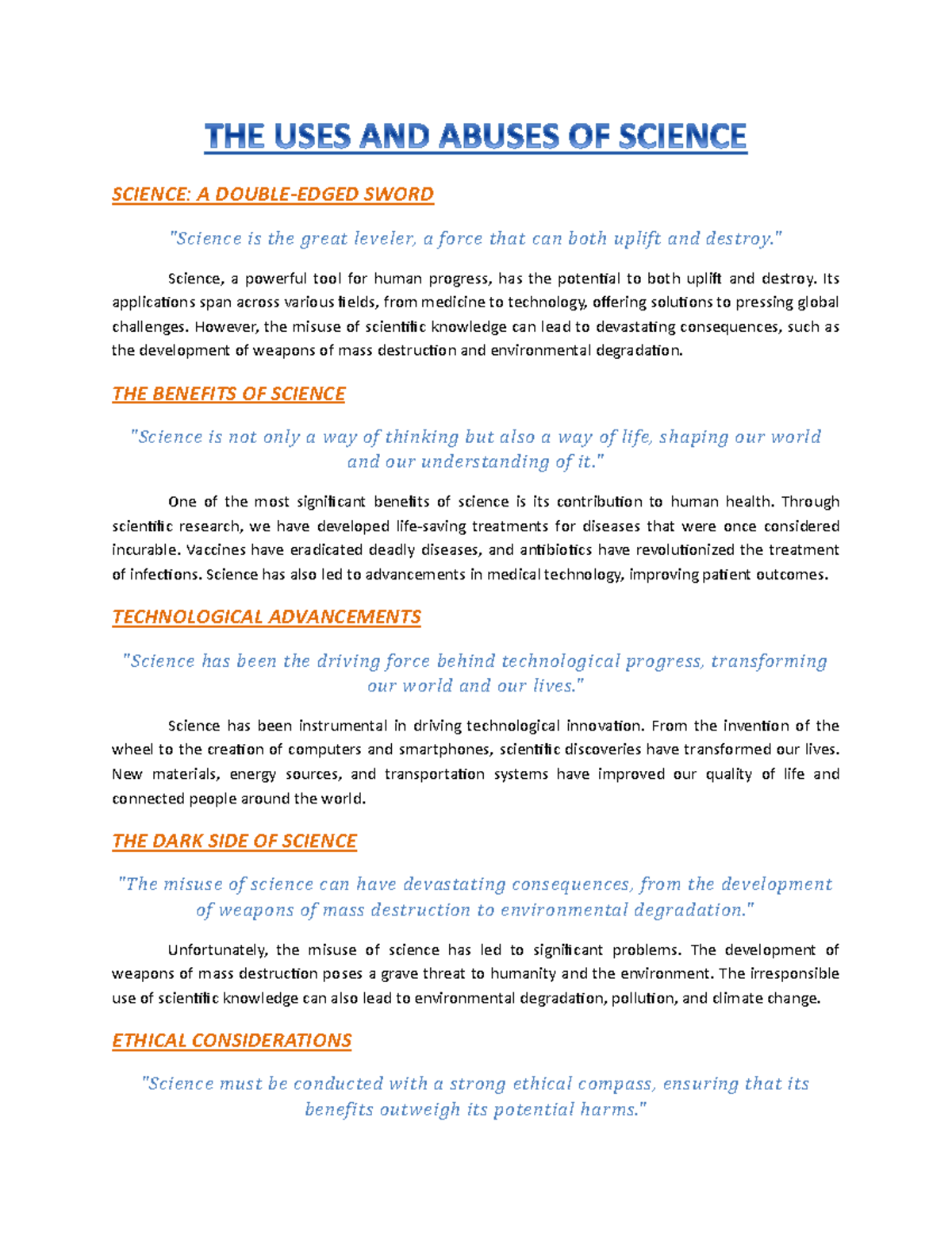 THE USES AND Abuses OF Science - SCIENCE: A DOUBLE-EDGED SWORD 