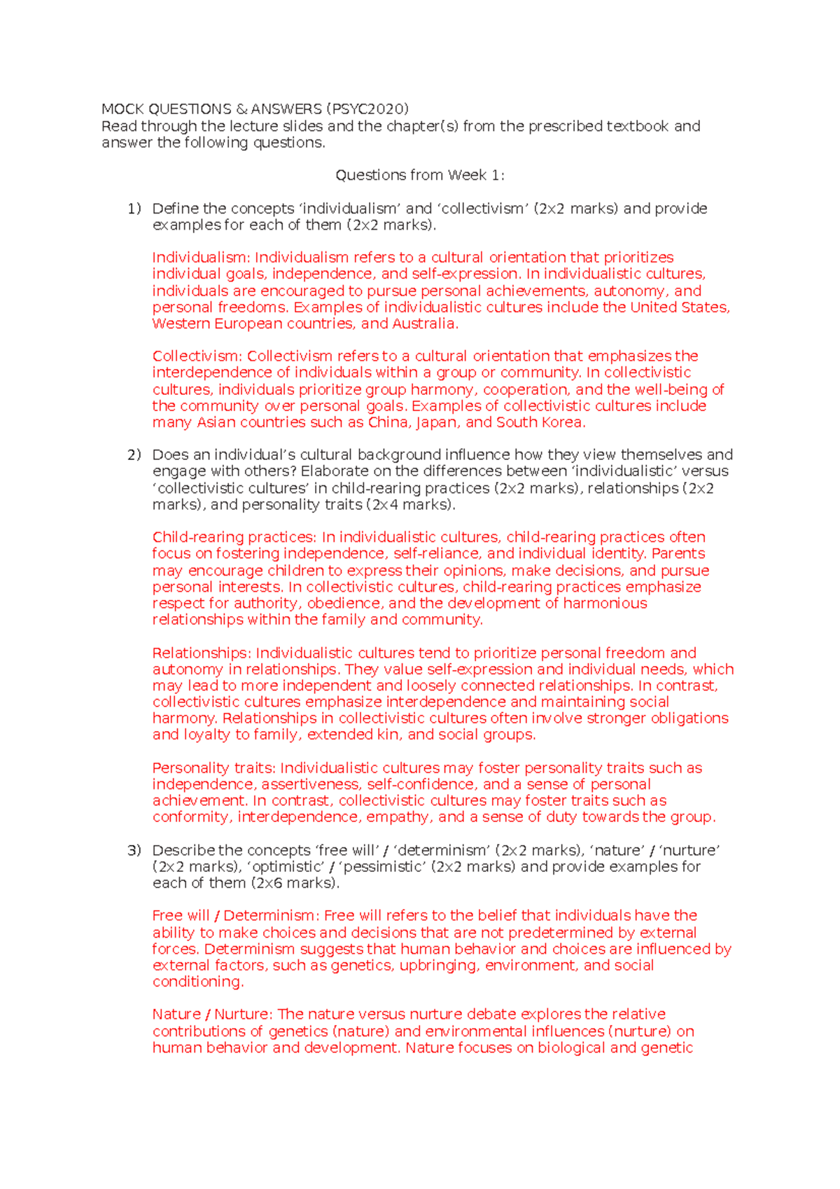 MOCK QS AND answers psych 2020 - MOCK QUESTIONS & ANSWERS (PSYC2020 ...