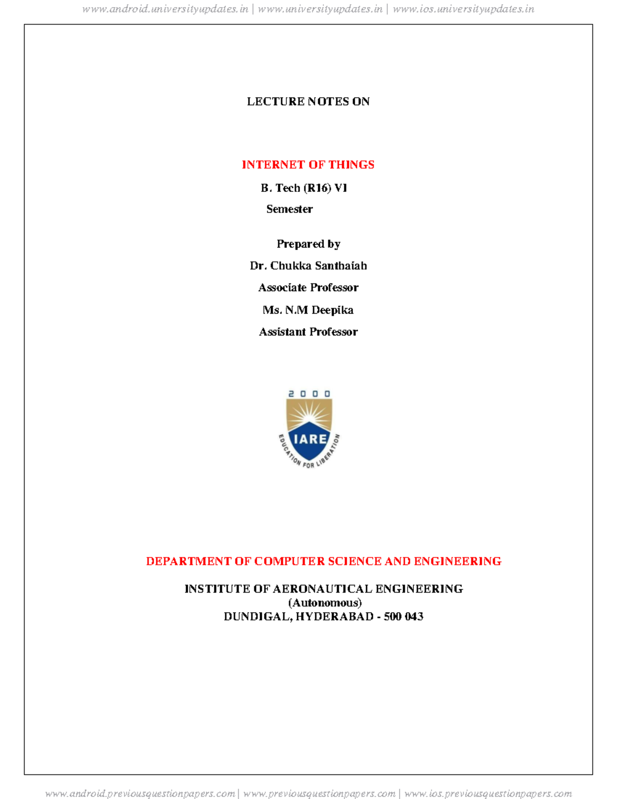 Jntuh IOT LE Cture Notes - LECTURE NOTES ON INTERNET OF THINGS B. Tech ...