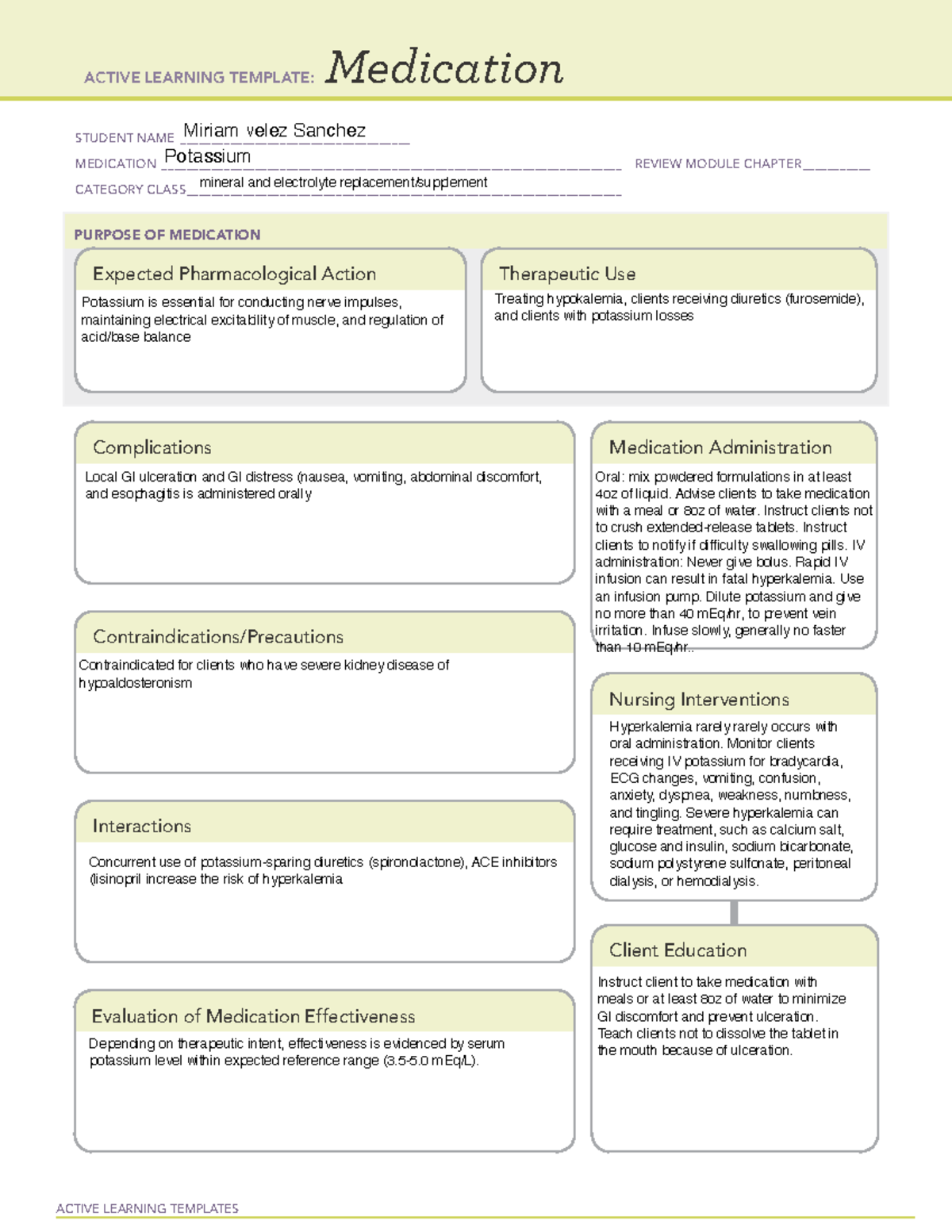 Ati template- Potassium - ACTIVE LEARNING TEMPLATES Medication STUDENT ...