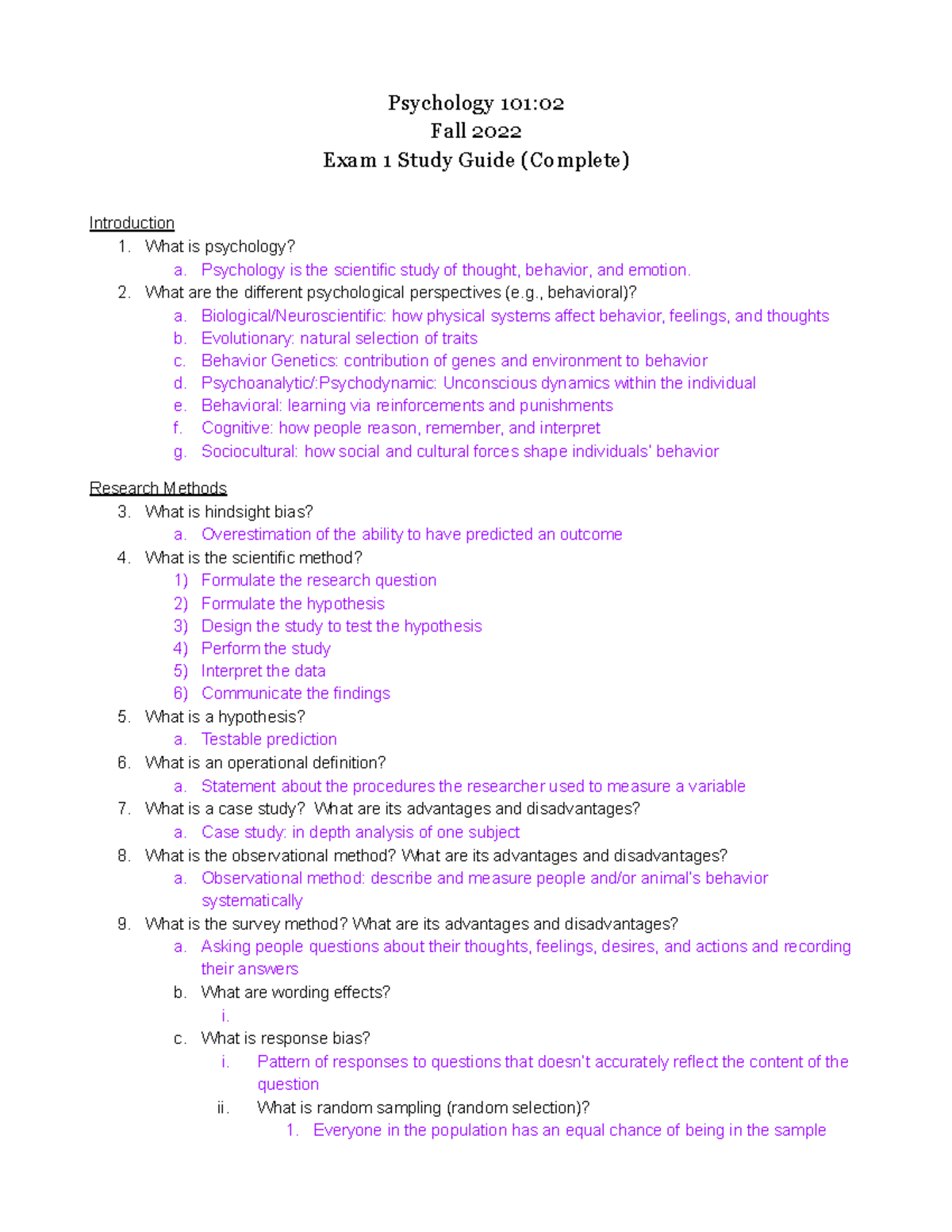 Psychology Exam 1 Review Psychology 101 Fall 2022 Exam 1 Study Guide
