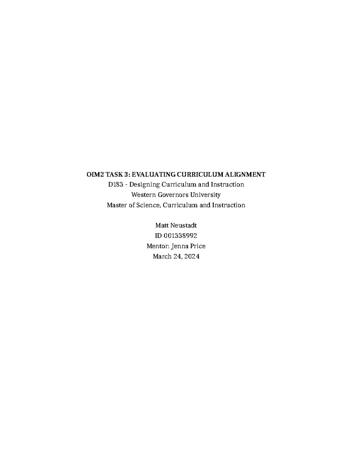 D183 Task 3 Evaluating Curriculum Alignment OIM2 TASK 3 EVALUATING