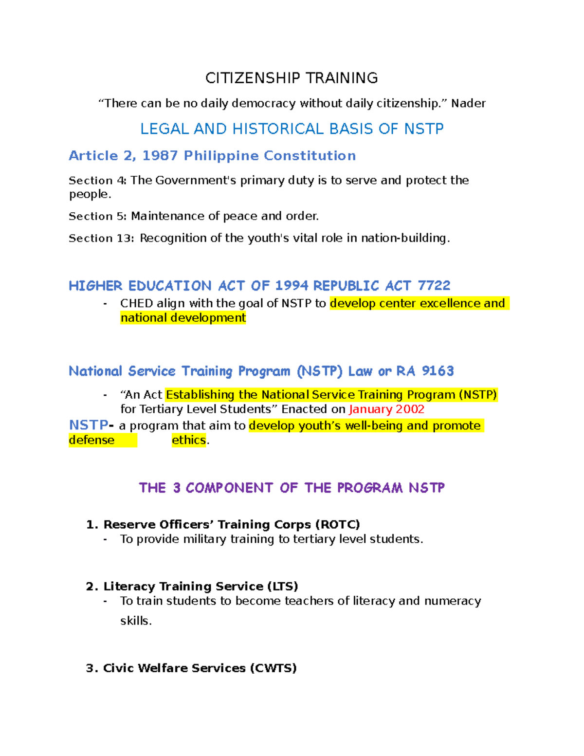 NSTP- Reviewer - CITIZENSHIP TRAINING “There can be no daily democracy ...