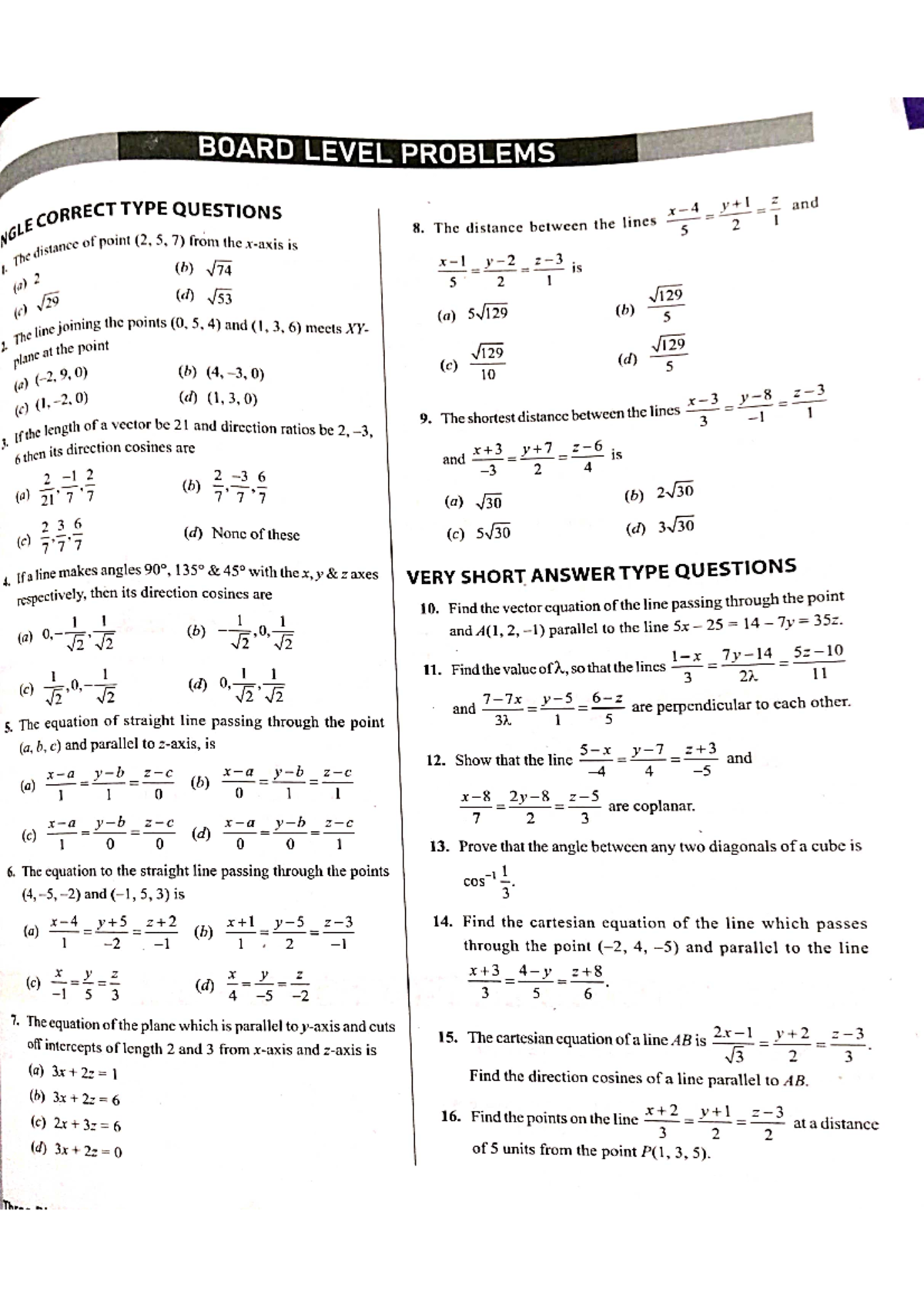 3D geometry - BOARD LEVEL PROBLEMS CORRECT TYPE QUESTIONS 8. The ...
